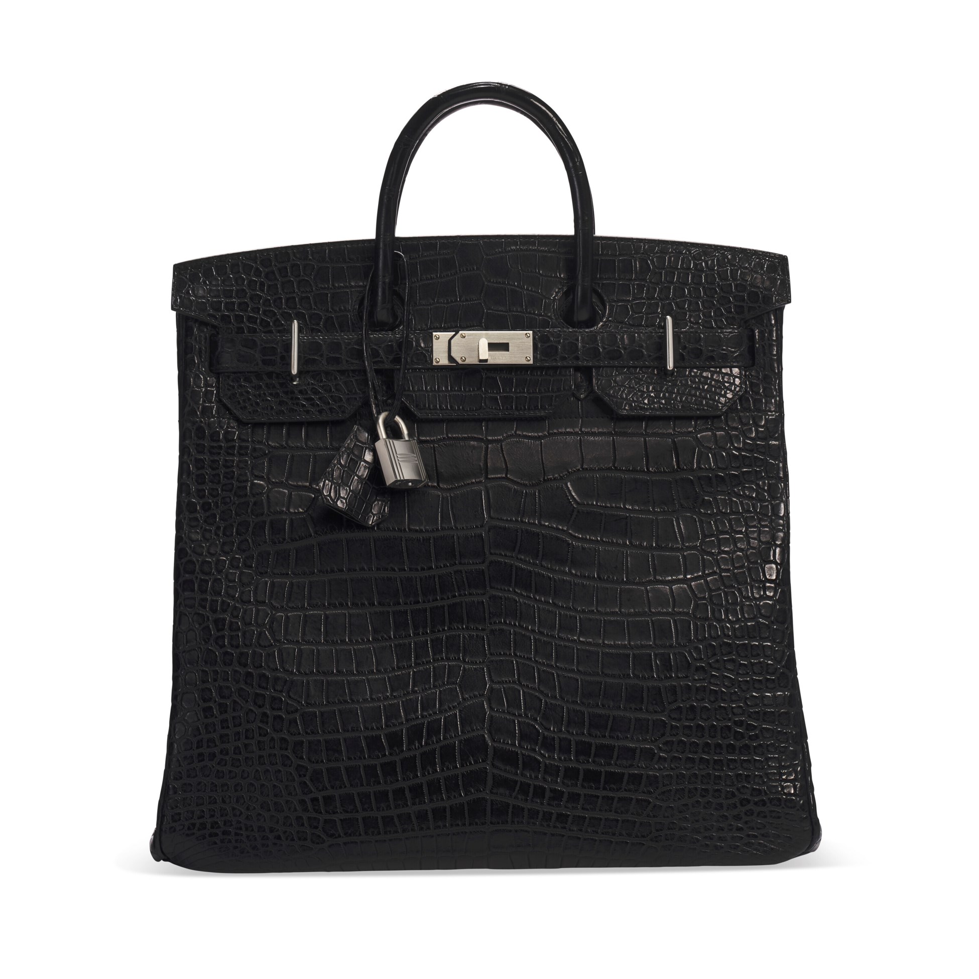 A MATTE BLACK POROSUS CROCODILE HAC BIRKIN 40 WITH BRUSHED PALLADIUM HARDWARE 1 A MATTE BLACK POROSUS CROCODILE HAC BIRKIN 40 WITH BRUSHED PALLADIUM HARDWARE