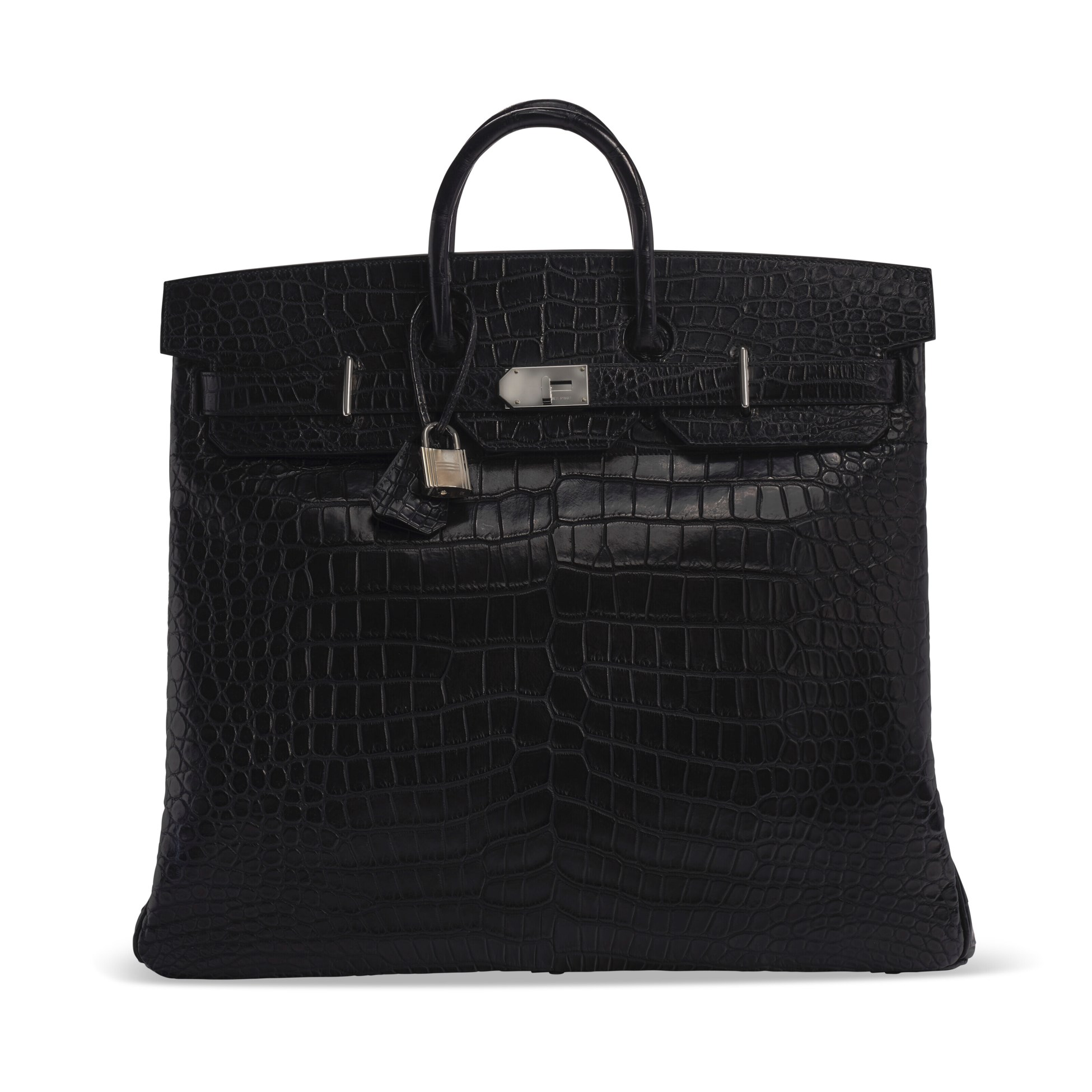 A MATTE BLACK POROSUS CROCODILE HAC BIRKIN 50 WITH PALLADIUM HARDWARE 1 A MATTE BLACK POROSUS CROCODILE HAC BIRKIN 50 WITH PALLADIUM HARDWARE