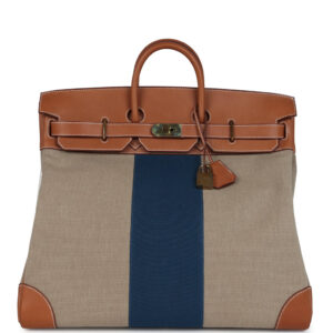 Hermès Birkin HAC 50 Flag Ficelle Toile H, Fauve Barenia and Bleu Toile H Canvas Gold Hardware