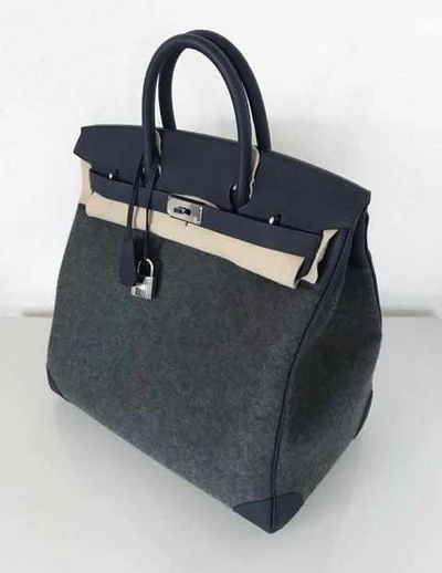 Hermès Birkin 40 HAC Blue Nuit & Gris Moyen Togo Feutre Wool Palladium Hardware 2 Hermès Birkin 40 HAC Blue Nuit & Gris Moyen Togo Feutre Wool Palladium Hardware