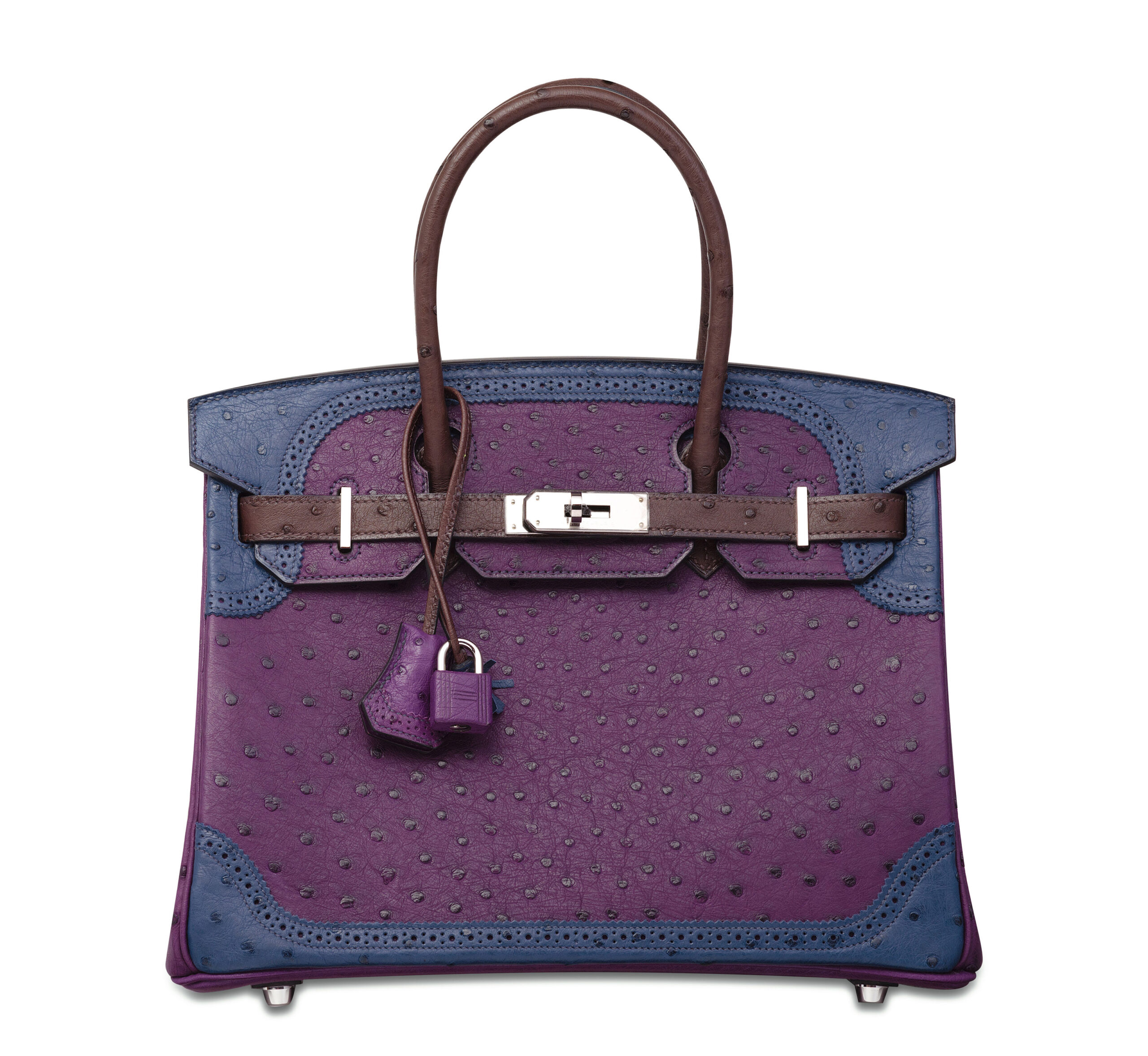 A LIMITED EDITION VIOLINE, BLEU DE MALTE & MARRON FONCÉ TRI-COLOR GHILLIES OSTRICH BIRKIN 30 WITH PALLADIUM HARDWARE 5 A LIMITED EDITION VIOLINE, BLEU DE MALTE & MARRON FONCÉ TRI-COLOR GHILLIES OSTRICH BIRKIN 30 WITH PALLADIUM HARDWARE - Image 5