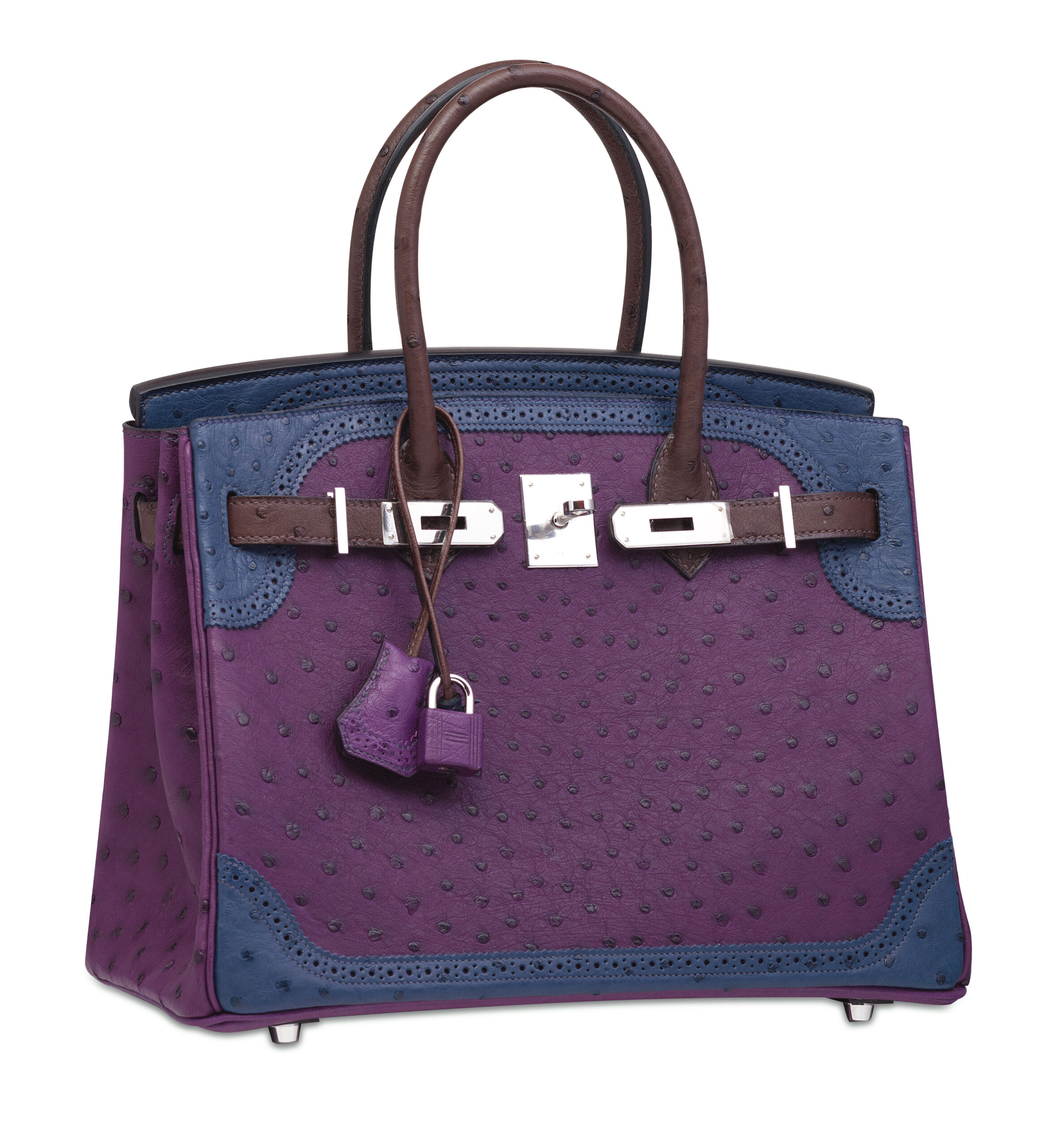 A LIMITED EDITION VIOLINE, BLEU DE MALTE & MARRON FONCÉ TRI-COLOR GHILLIES OSTRICH BIRKIN 30 WITH PALLADIUM HARDWARE 2 A LIMITED EDITION VIOLINE, BLEU DE MALTE & MARRON FONCÉ TRI-COLOR GHILLIES OSTRICH BIRKIN 30 WITH PALLADIUM HARDWARE - Image 2