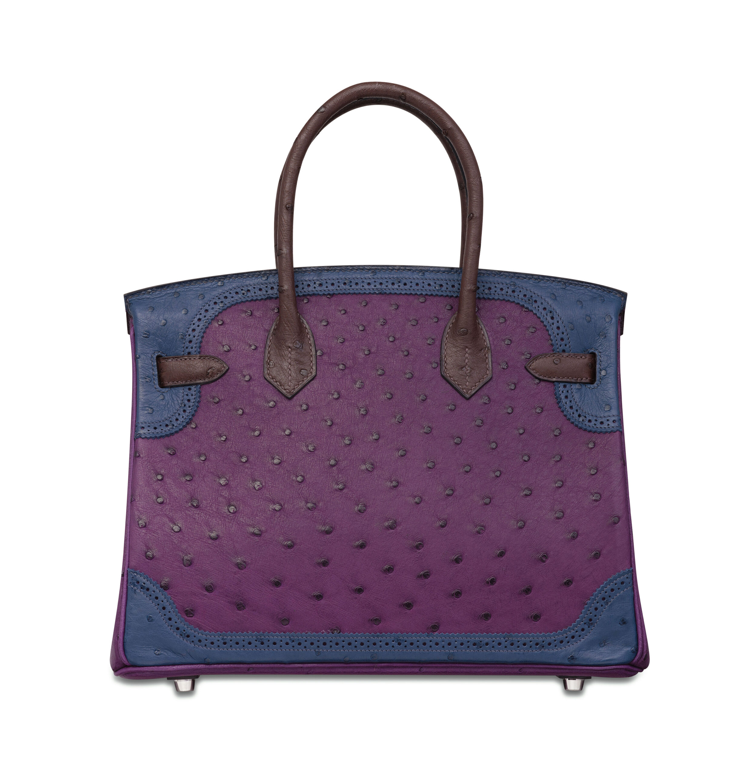 A LIMITED EDITION VIOLINE, BLEU DE MALTE & MARRON FONCÉ TRI-COLOR GHILLIES OSTRICH BIRKIN 30 WITH PALLADIUM HARDWARE 3 A LIMITED EDITION VIOLINE, BLEU DE MALTE & MARRON FONCÉ TRI-COLOR GHILLIES OSTRICH BIRKIN 30 WITH PALLADIUM HARDWARE - Image 3
