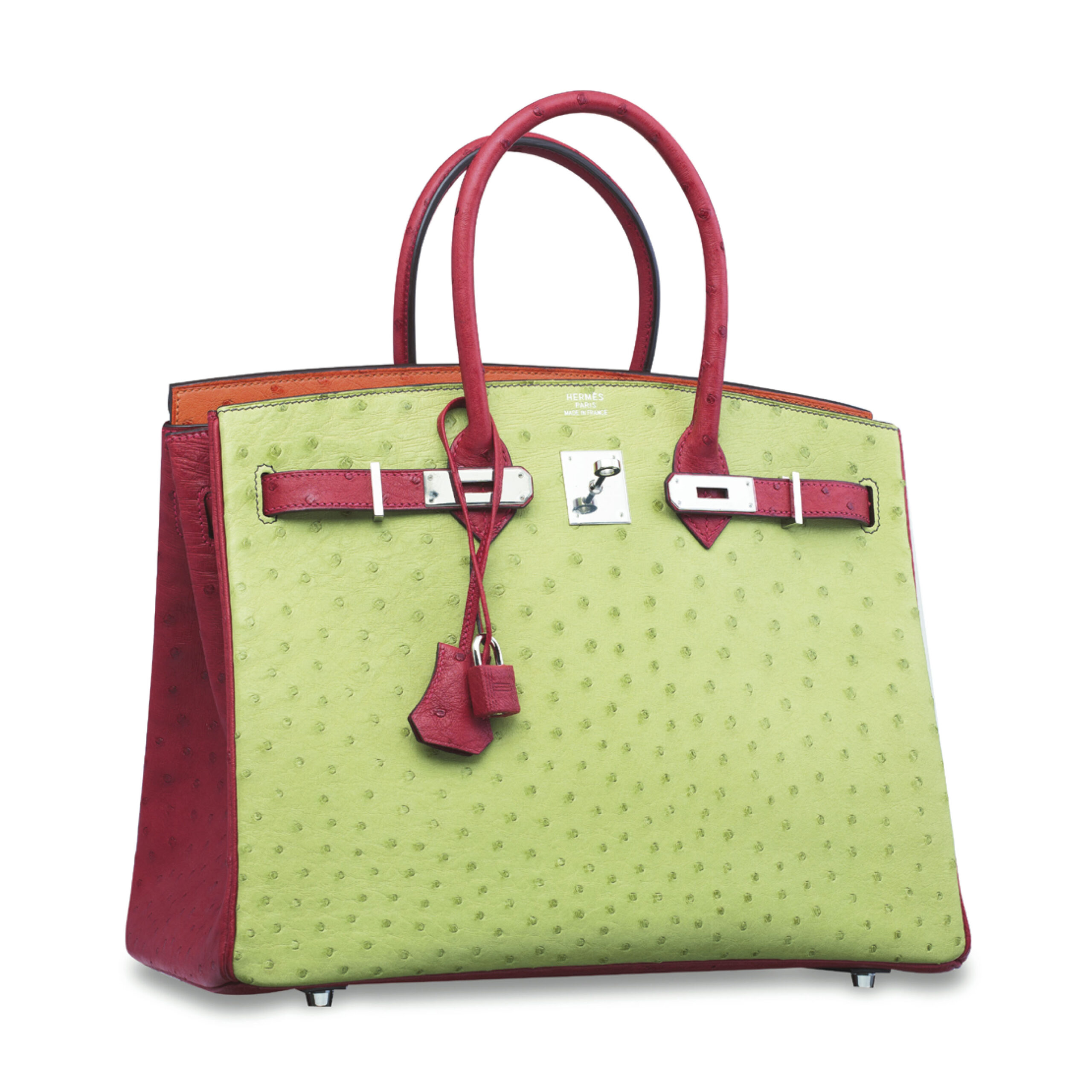 A LIMITED EDITION VERT ANIS, ROUGE VIF & ORANGE OSTRICH TRI-COLOR BIRKIN 35 WITH PALLADIUM HARDWARE 4 A LIMITED EDITION VERT ANIS, ROUGE VIF & ORANGE OSTRICH TRI-COLOR BIRKIN 35 WITH PALLADIUM HARDWARE - Image 4
