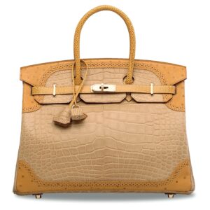 A LIMITED EDITION MATTE POUSSIÈRE ALLIGATOR, TABAC CAMEL OSTRICH & SÉSAME LIZARD GRAND MARIAGE BIRKIN 35 WITH PERMABRASS HARDWARE