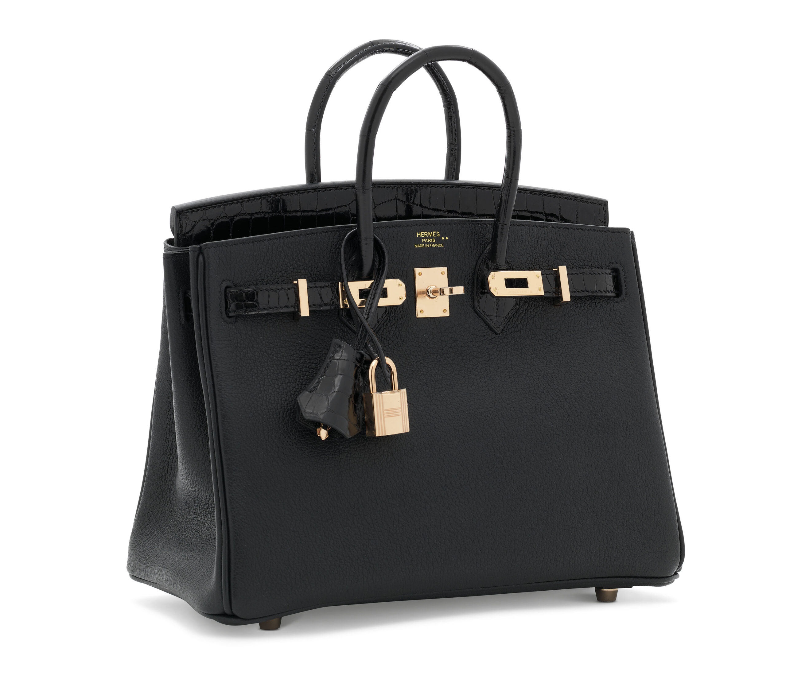 A LIMITED EDITION SHINY BLACK NILOTICUS CROCODILE & NOVILLO LEATHER TOUCH BIRKIN 25 WITH ROSE GOLD HARDWARE 3 A LIMITED EDITION SHINY BLACK NILOTICUS CROCODILE & NOVILLO LEATHER TOUCH BIRKIN 25 WITH ROSE GOLD HARDWARE - Image 3