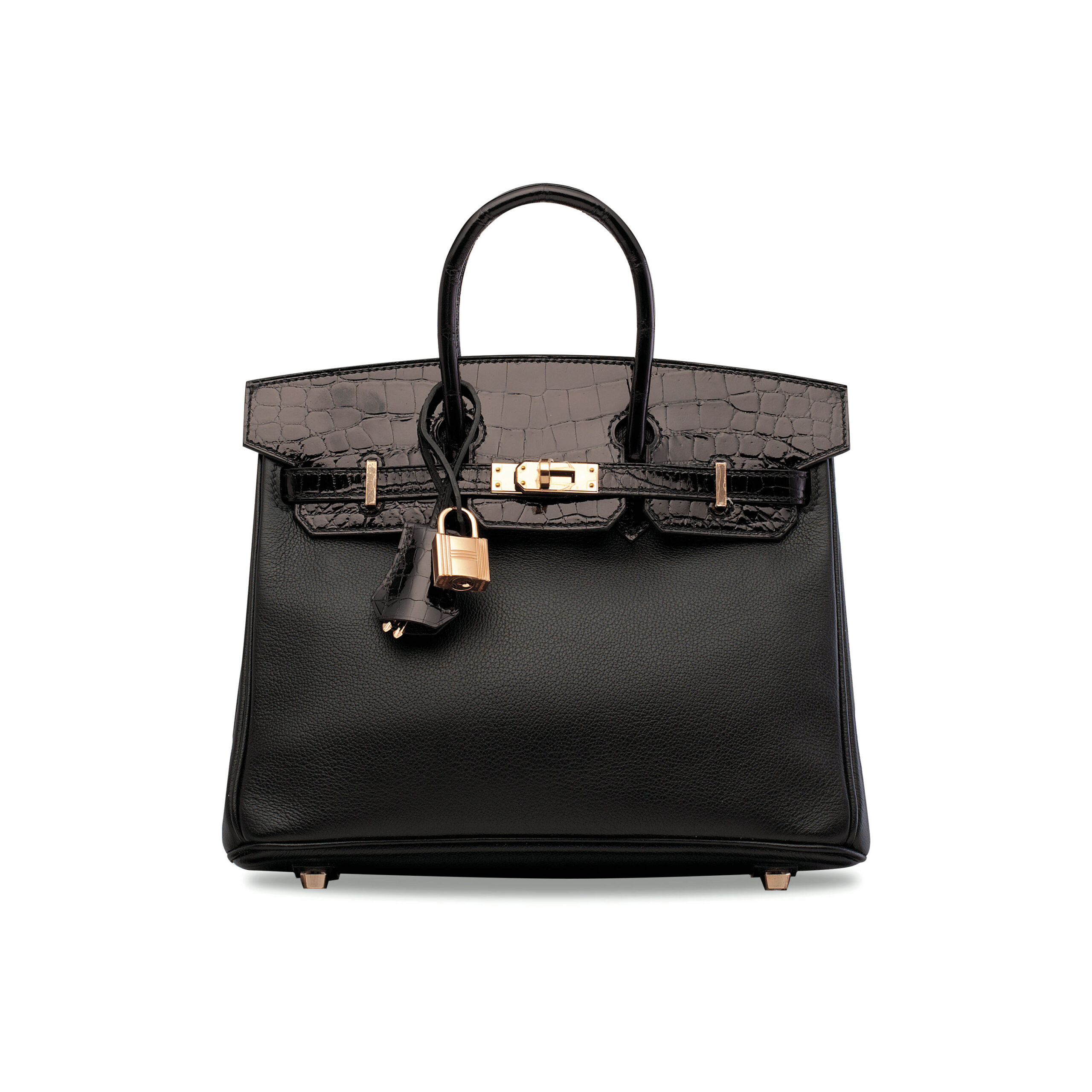 A LIMITED EDITION SHINY BLACK NILOTICUS CROCODILE & NOVILLO LEATHER TOUCH BIRKIN 25 WITH ROSE GOLD HARDWARE - Image 4