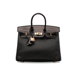 A LIMITED EDITION SHINY BLACK NILOTICUS CROCODILE & NOVILLO LEATHER TOUCH BIRKIN 25 WITH ROSE GOLD HARDWARE