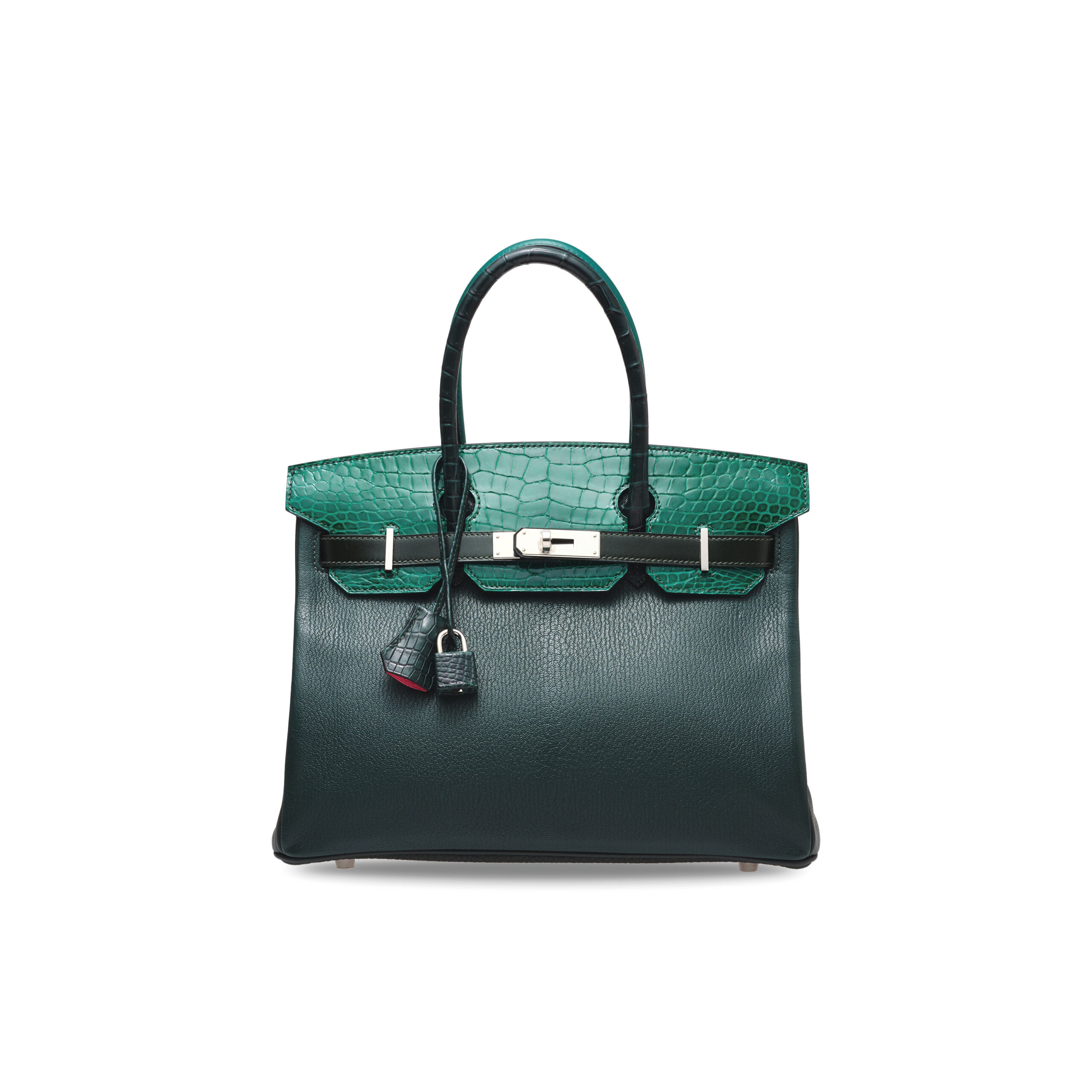 A LIMITED EDITION SHINY VERT ÉMERAUDE POROSUS CROCODILE, VERT TITIEN CLÉMENCE LEATHER & ROSE AZALÉE PATCHWORK BIRKIN 30 WITH PALLADIUM HARDWARE - Image 2
