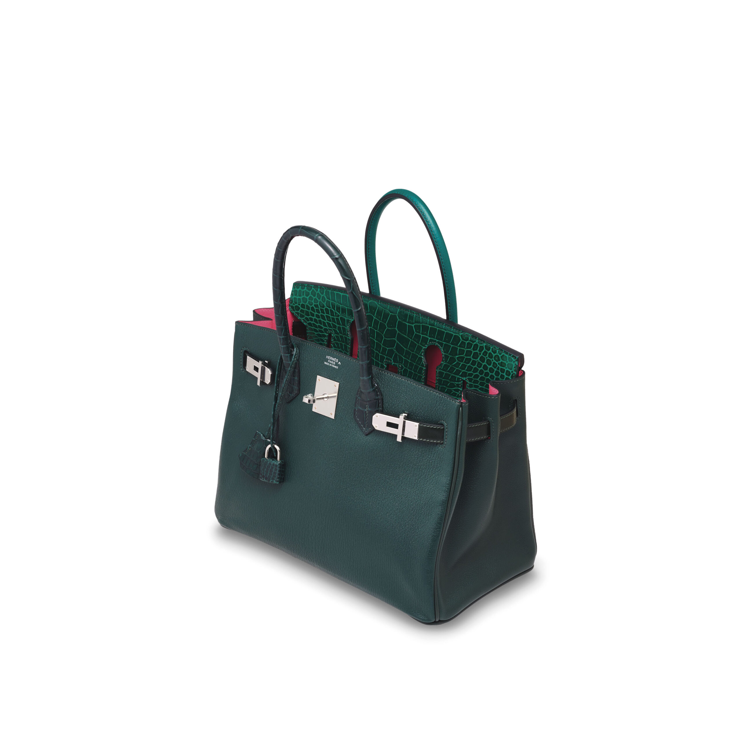 A LIMITED EDITION SHINY VERT ÉMERAUDE POROSUS CROCODILE, VERT TITIEN CLÉMENCE LEATHER & ROSE AZALÉE PATCHWORK BIRKIN 30 WITH PALLADIUM HARDWARE - Image 3
