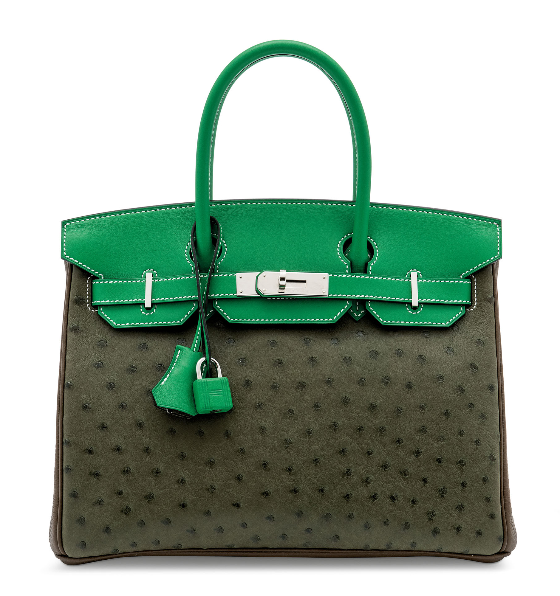 A LIMITED EDITION VERT OLIVE OSTRICH, BAMBOU SWIFT & ÉTOUPE CLÉMENCE LEATHER BIRKIN 30 WITH PALLADIUM HARDWARE 1 A LIMITED EDITION VERT OLIVE OSTRICH, BAMBOU SWIFT & ÉTOUPE CLÉMENCE LEATHER BIRKIN 30 WITH PALLADIUM HARDWARE