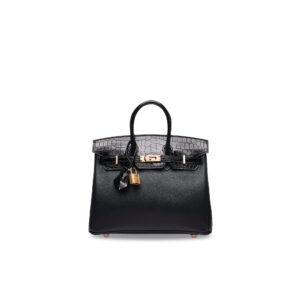 A LIMITED EDITION SHINY BLACK NILOTICUS CROCODILE & NOVILLO LEATHER TOUCH BIRKIN 25 WITH ROSE GOLD HARDWARE
