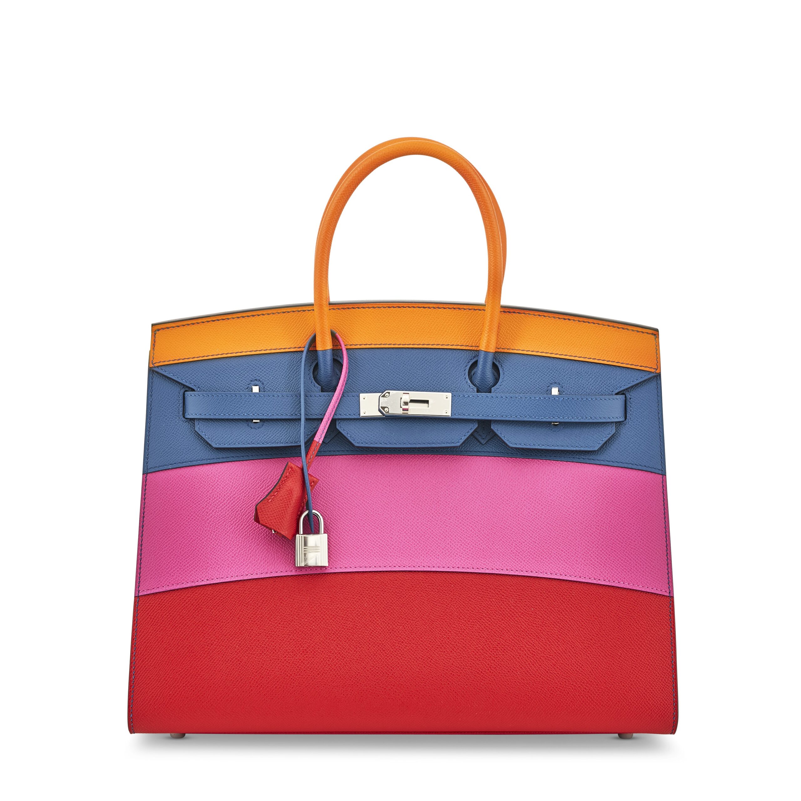 A LIMITED EDITION ABRICOT, BLEU AGATE, MAGNOLIA & ROUGE CASAQUE EPSOM LEATHER SUNSET RAINBOW SELLIER BIRKIN 35 WITH PALLADIUM HARDWARE 1 A LIMITED EDITION ABRICOT, BLEU AGATE, MAGNOLIA & ROUGE CASAQUE EPSOM LEATHER SUNSET RAINBOW SELLIER BIRKIN 35 WITH PALLADIUM HARDWARE