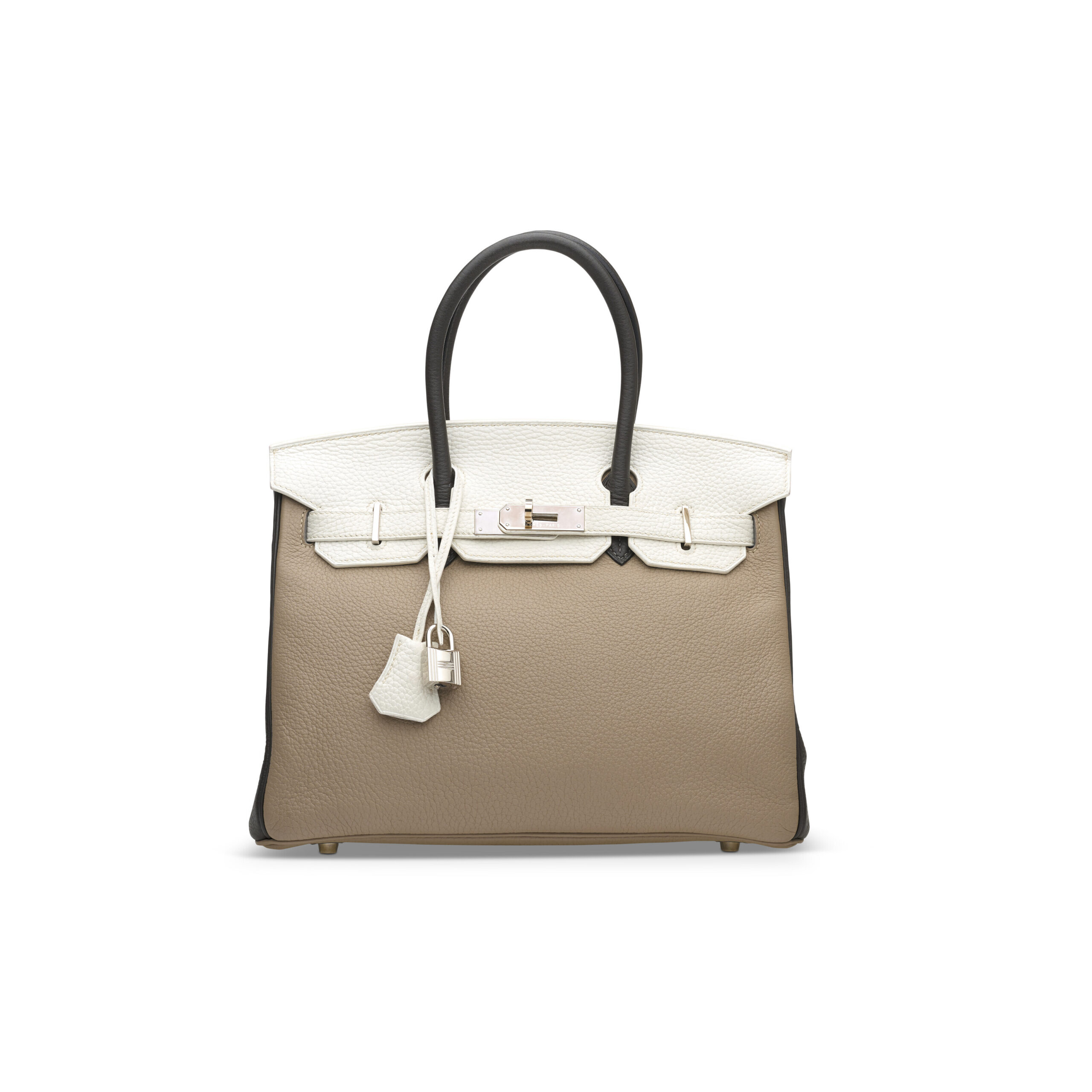 A LIMITED EDITION TRI-COLOR GRIS TOURTERELLE, WHITE & GRAPHITE CLÉMENCE LEATHER BIRKIN 30 WITH PALLADIUM HARDWARE 1 A LIMITED EDITION TRI-COLOR GRIS TOURTERELLE, WHITE & GRAPHITE CLÉMENCE LEATHER BIRKIN 30 WITH PALLADIUM HARDWARE