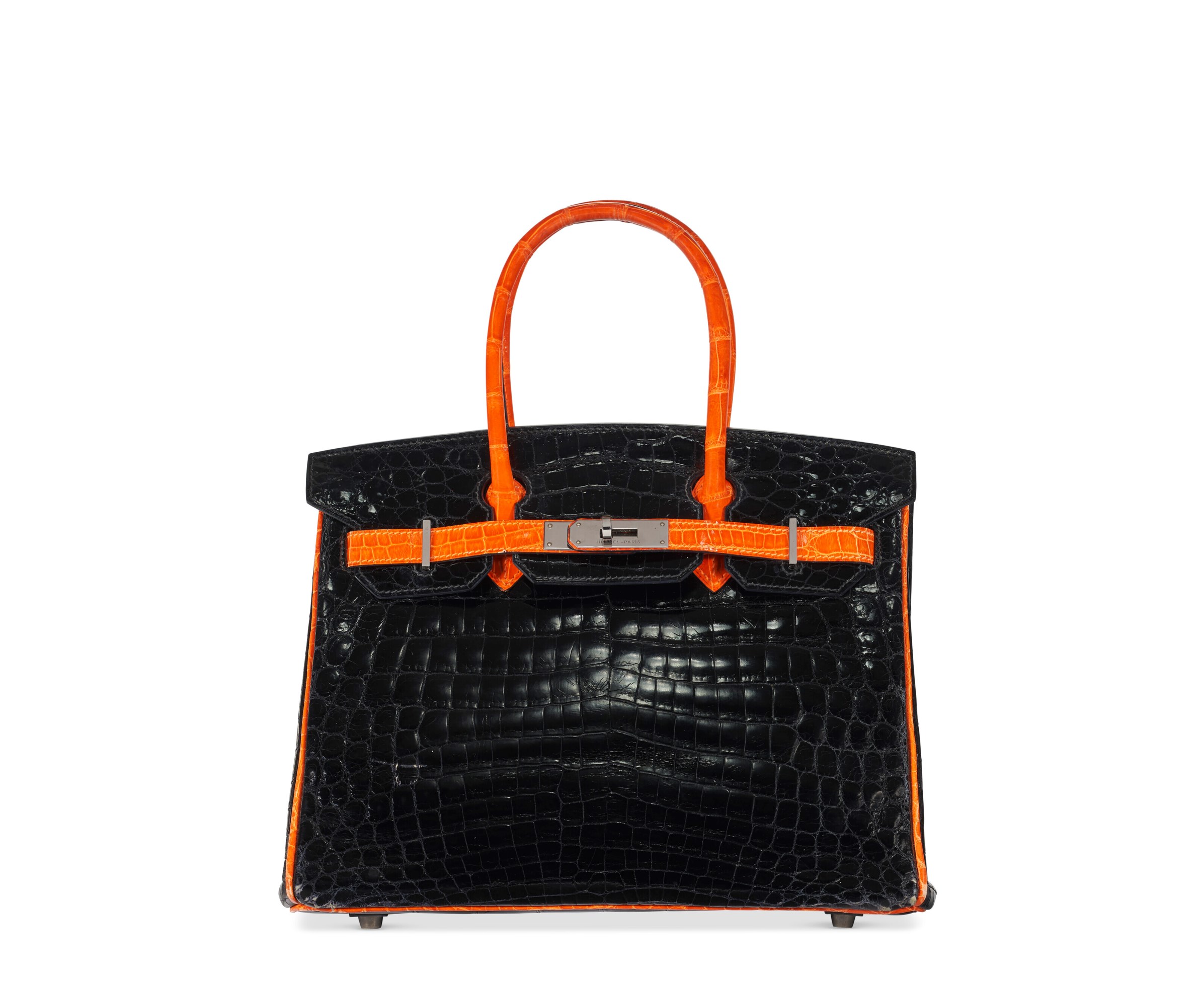 A LIMITED EDITION SHINY BLACK & ORANGE NILOTICUS CROCODILE BIRKIN 30 WITH RUTHÉNIUM HARDWARE 1 A SHINY BLACK & ORANGE H NILOTICUS CROCODILE BIRKIN 30 WITH RUTHENIUM HARDWARE