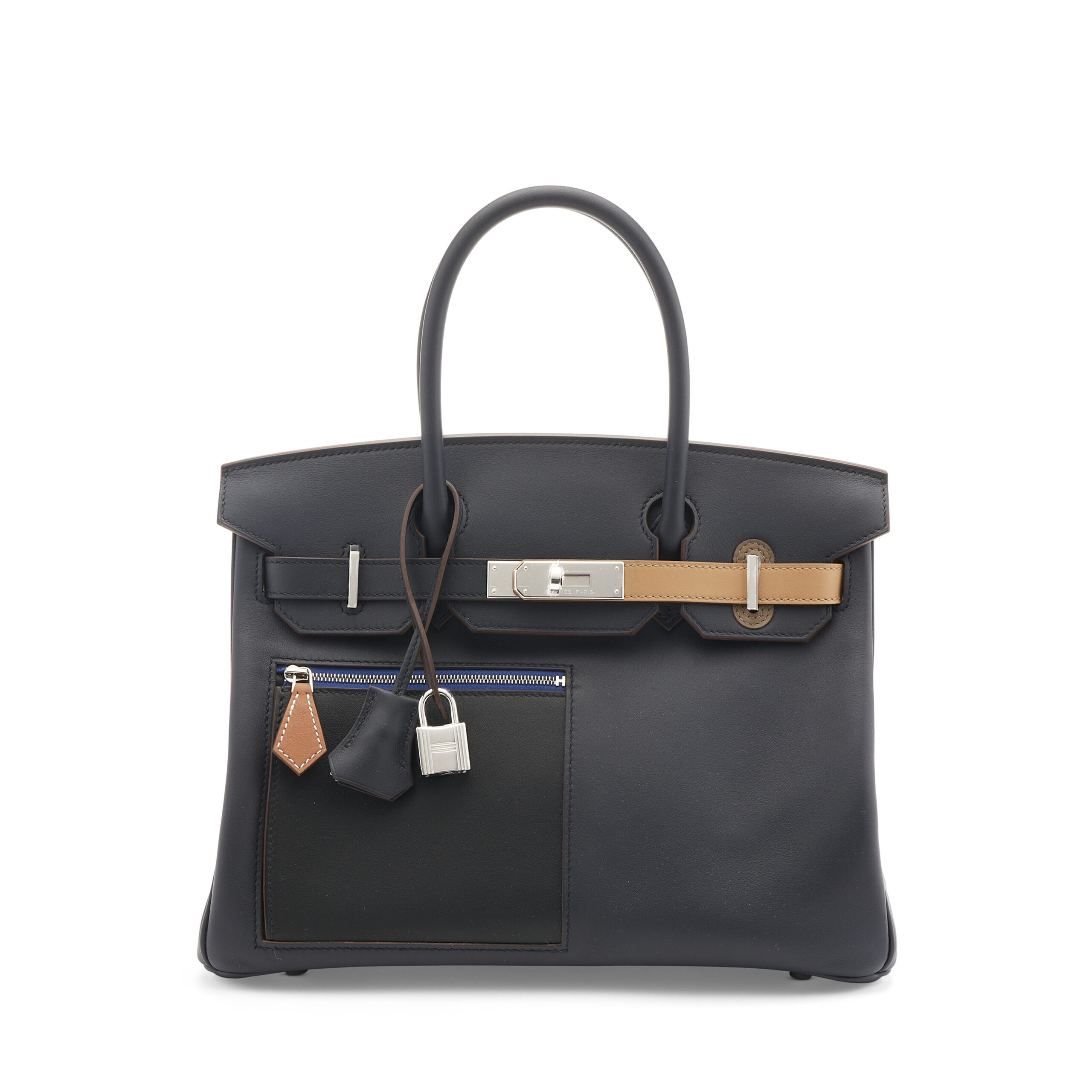 A LIMITED EDITION BLEU MARINE, BLACK, CHAI & ÉTOUPE SWIFT LEATHER COLOROMATIC BIRKIN 30 WITH PALLADIUM HARDWARE 3 A LIMITED EDITION BLEU MARINE, BLACK, CHAI & ÉTOUPE SWIFT LEATHER COLOROMATIC BIRKIN 30 WITH PALLADIUM HARDWARE - Image 3