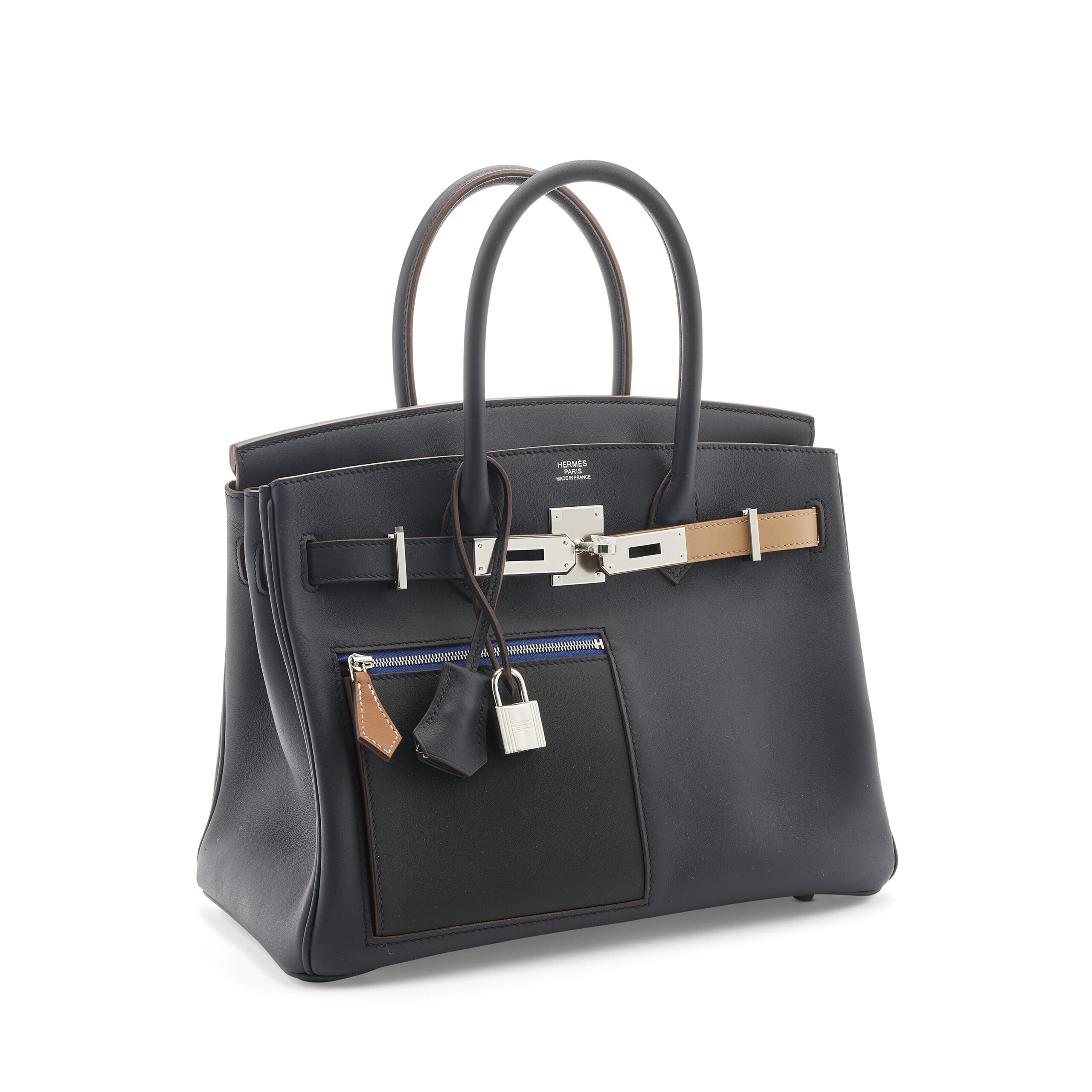 A LIMITED EDITION BLEU MARINE, BLACK, CHAI & ÉTOUPE SWIFT LEATHER COLOROMATIC BIRKIN 30 WITH PALLADIUM HARDWARE 4 A LIMITED EDITION BLEU MARINE, BLACK, CHAI & ÉTOUPE SWIFT LEATHER COLOROMATIC BIRKIN 30 WITH PALLADIUM HARDWARE - Image 4