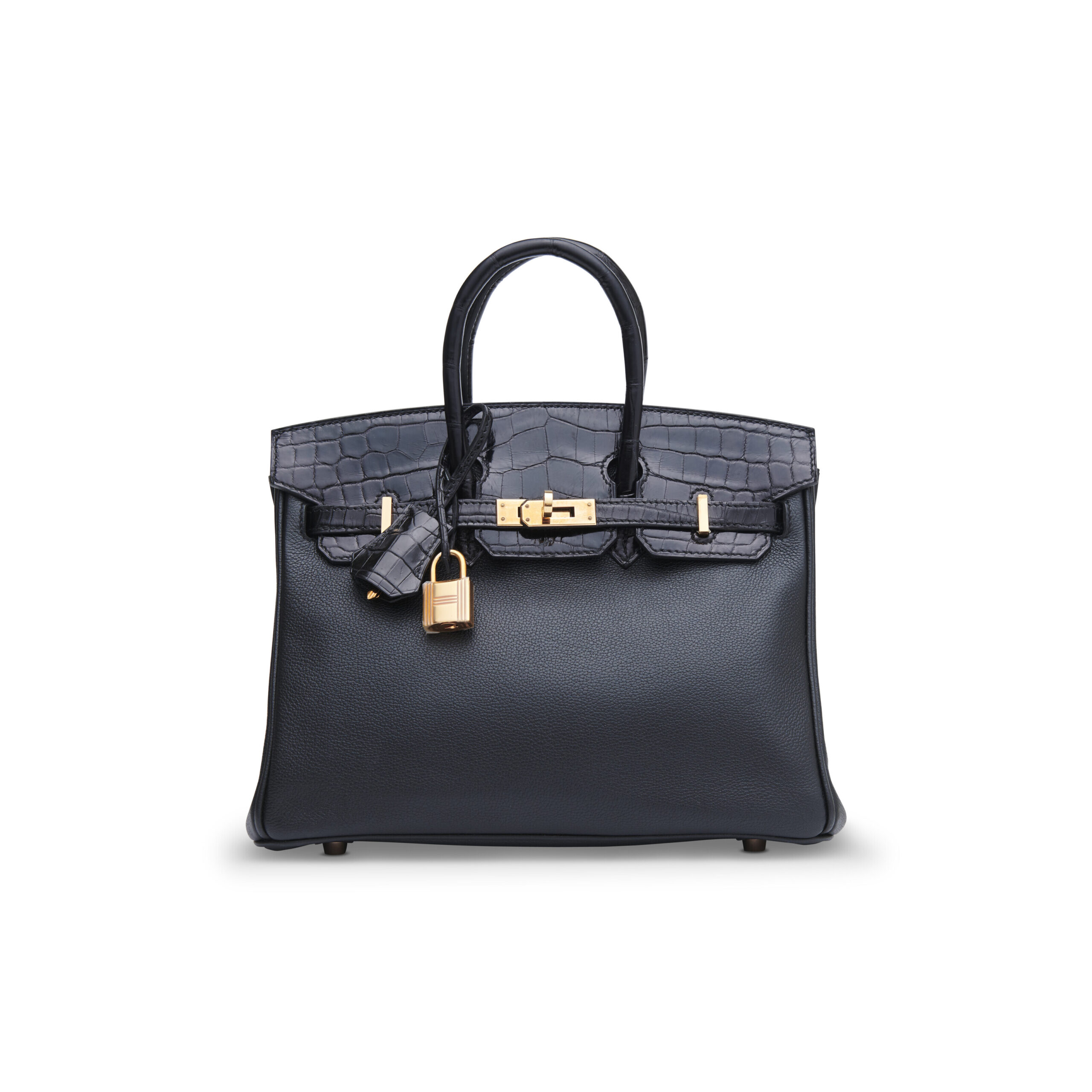 A LIMITED EDITION SHINY BLACK NILOTICUS CROCODILE & NOVILLO LEATHER TOUCH BIRKIN 25 WITH ROSE GOLD HARDWARE