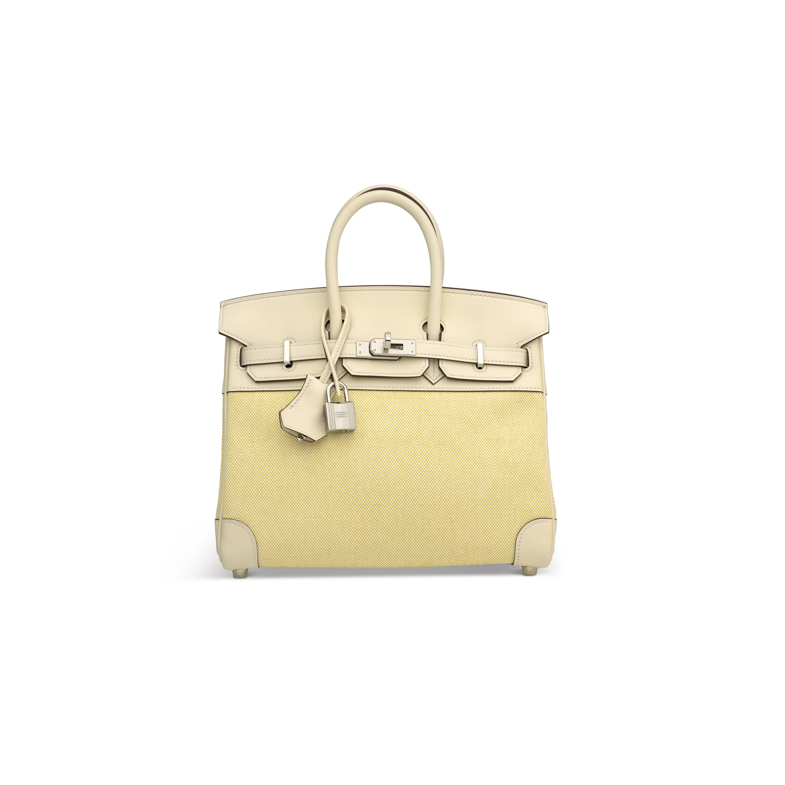 A LIMITED EDITION NATA EVERCALF LEATHER & JAUNE POUSSIN CANVAS BIRKIN 25 WITH PALLADIUM HARDWARE 1 A LIMITED EDITION NATA EVERCALF LEATHER & JAUNE POUSSIN CANVAS BIRKIN 25 WITH PALLADIUM HARDWARE