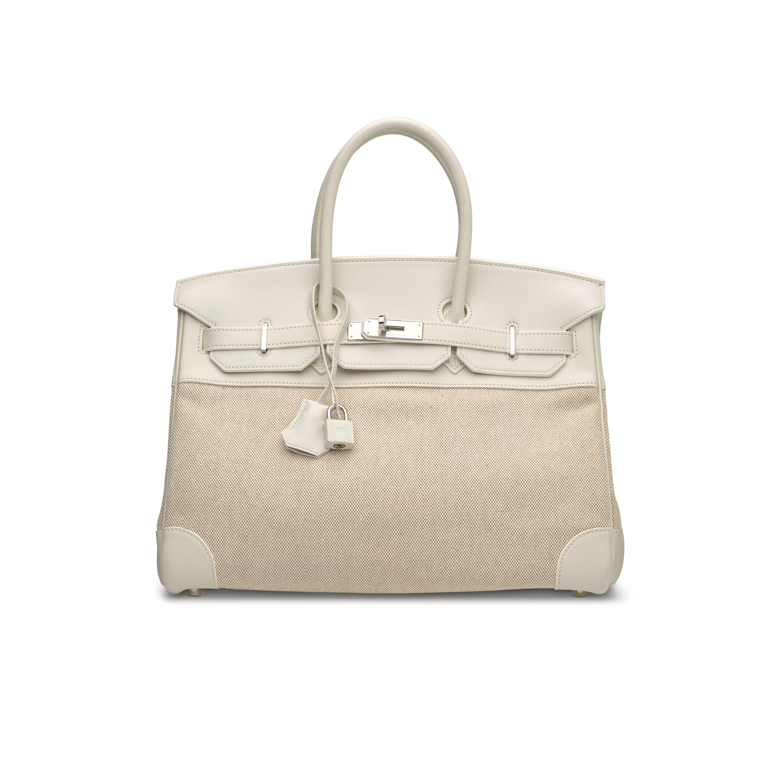 A LIMITED EDITION WHITE SWIFT LEATHER & CANVAS BIRKIN 35 WITH PALLADIUM HARDWARE
