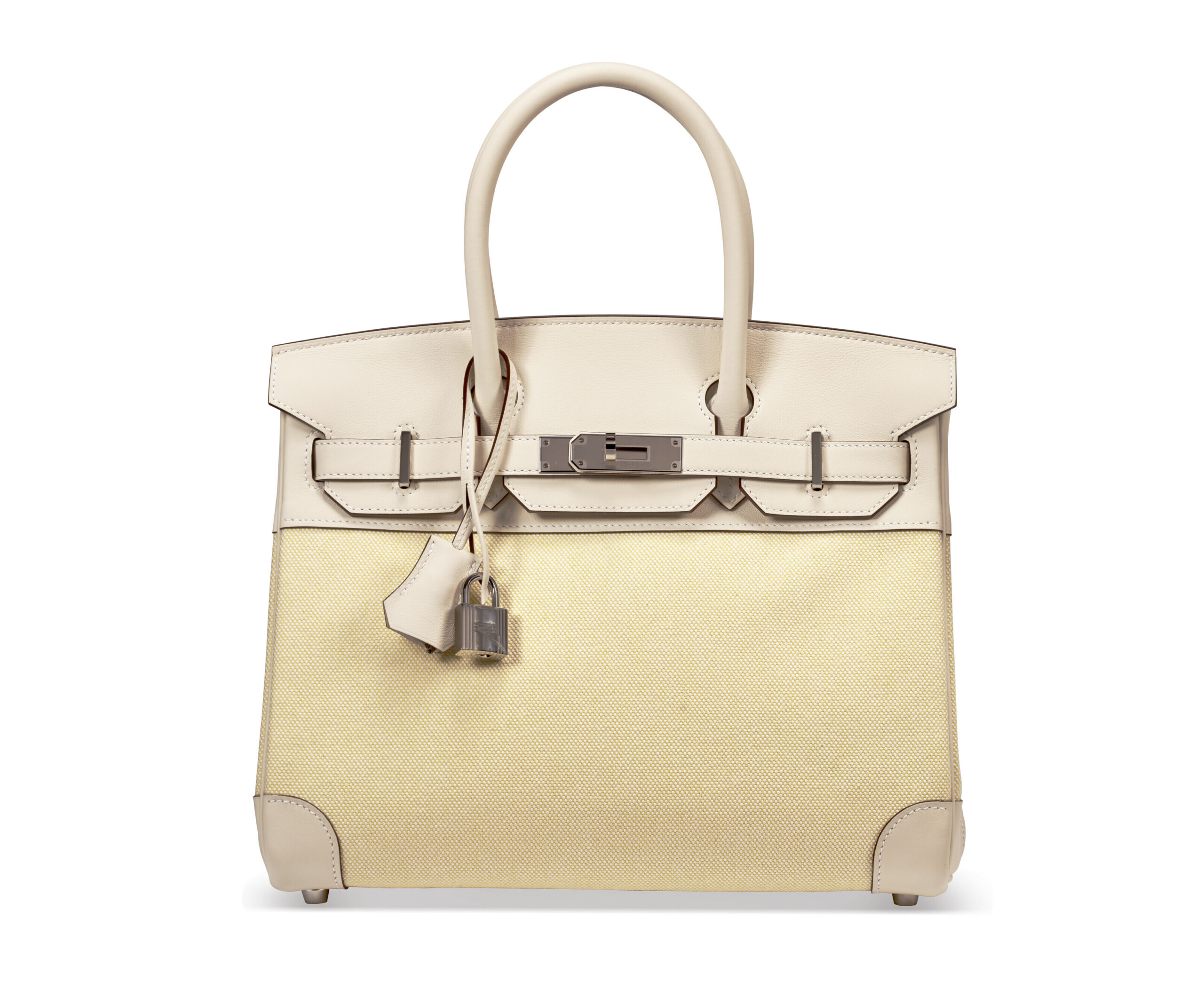 A LIMITED EDITION NATA SWIFT LEATHER & JAUNE POUSSIN TOILE H BIRKIN 30 WITH PALLADIUM HARDWARE 1 A LIMITED EDITION NATA SWIFT LEATHER & JAUNE POUSSIN TOILE H BIRKIN 30 WITH PALLADIUM HARDWARE