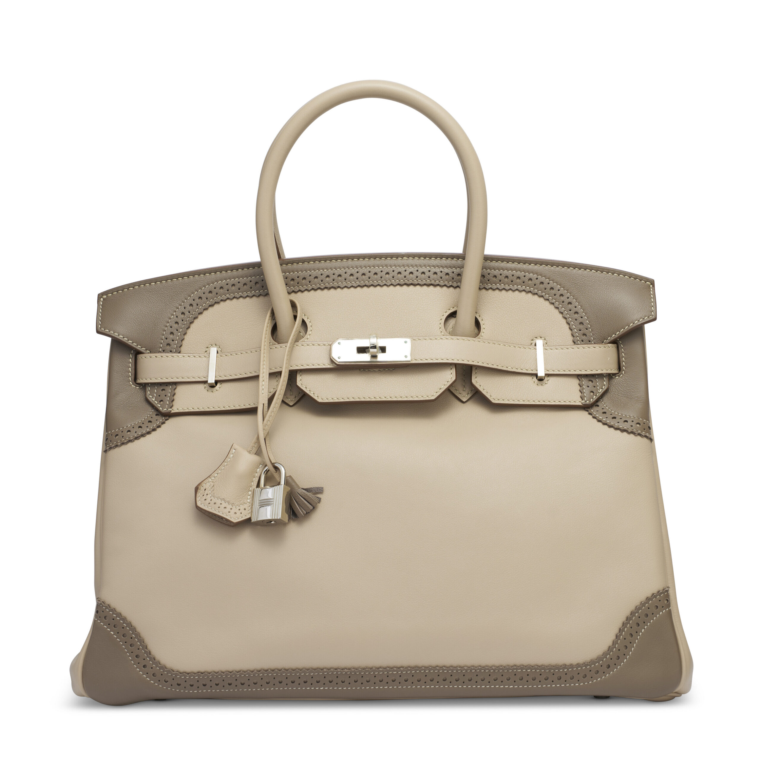 A LIMITED EDITION ARGILE & ÉTOUPE SWIFT LEATHER GHILLIES BIRKIN 35 WITH PALLADIUM HARDWARE 1 A LIMITED EDITION ARGILE & ÉTOUPE SWIFT LEATHER GHILLIES BIRKIN 35 WITH PALLADIUM HARDWARE