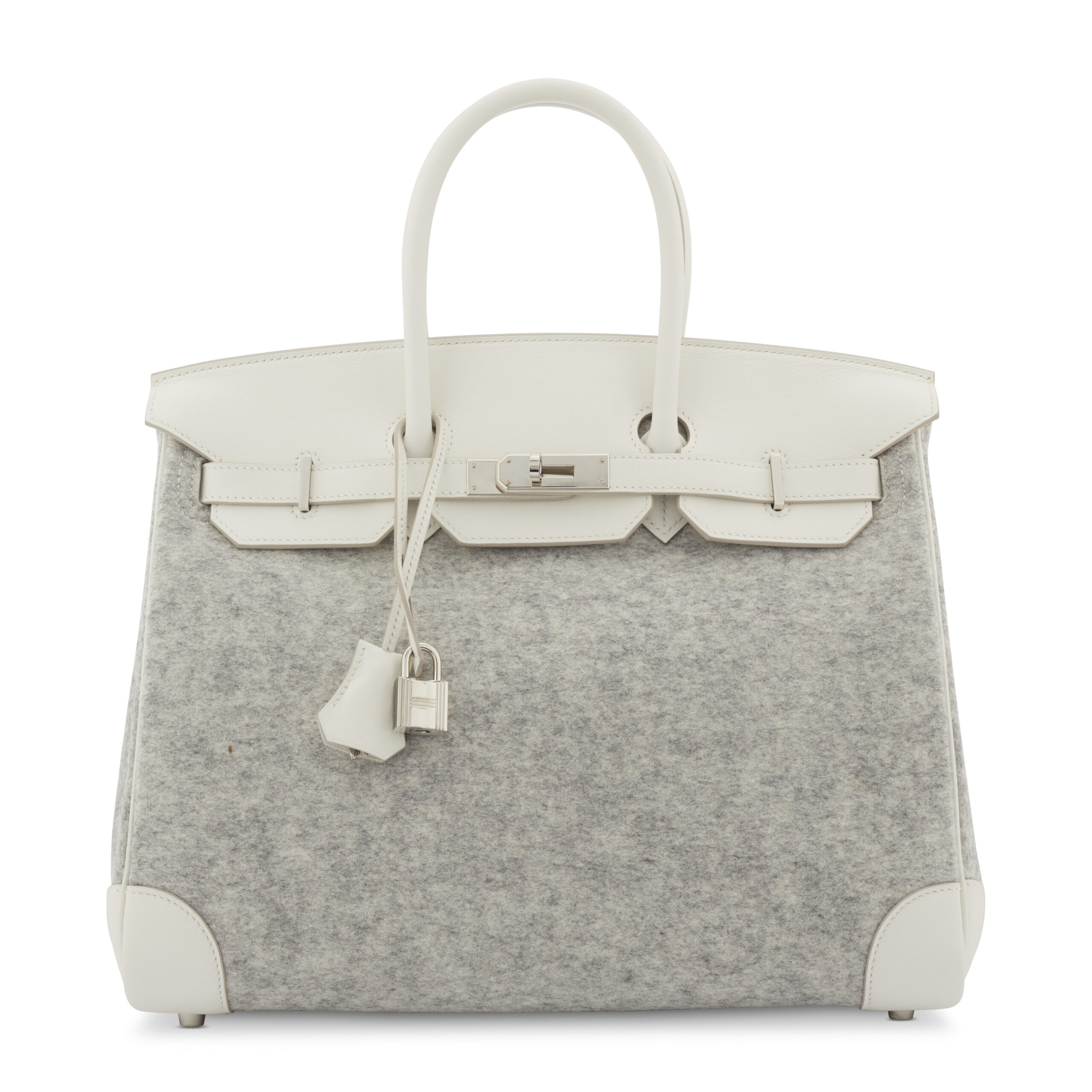 A LIMITED EDITION WHITE SWIFT LEATHER & GRIS CLAIR FEUTRE BIRKIN 35 WITH PALLADIUM HARDWARE 1 A LIMITED EDITION WHITE SWIFT LEATHER & GRIS CLAIR FEUTRE BIRKIN 35 WITH PALLADIUM HARDWARE