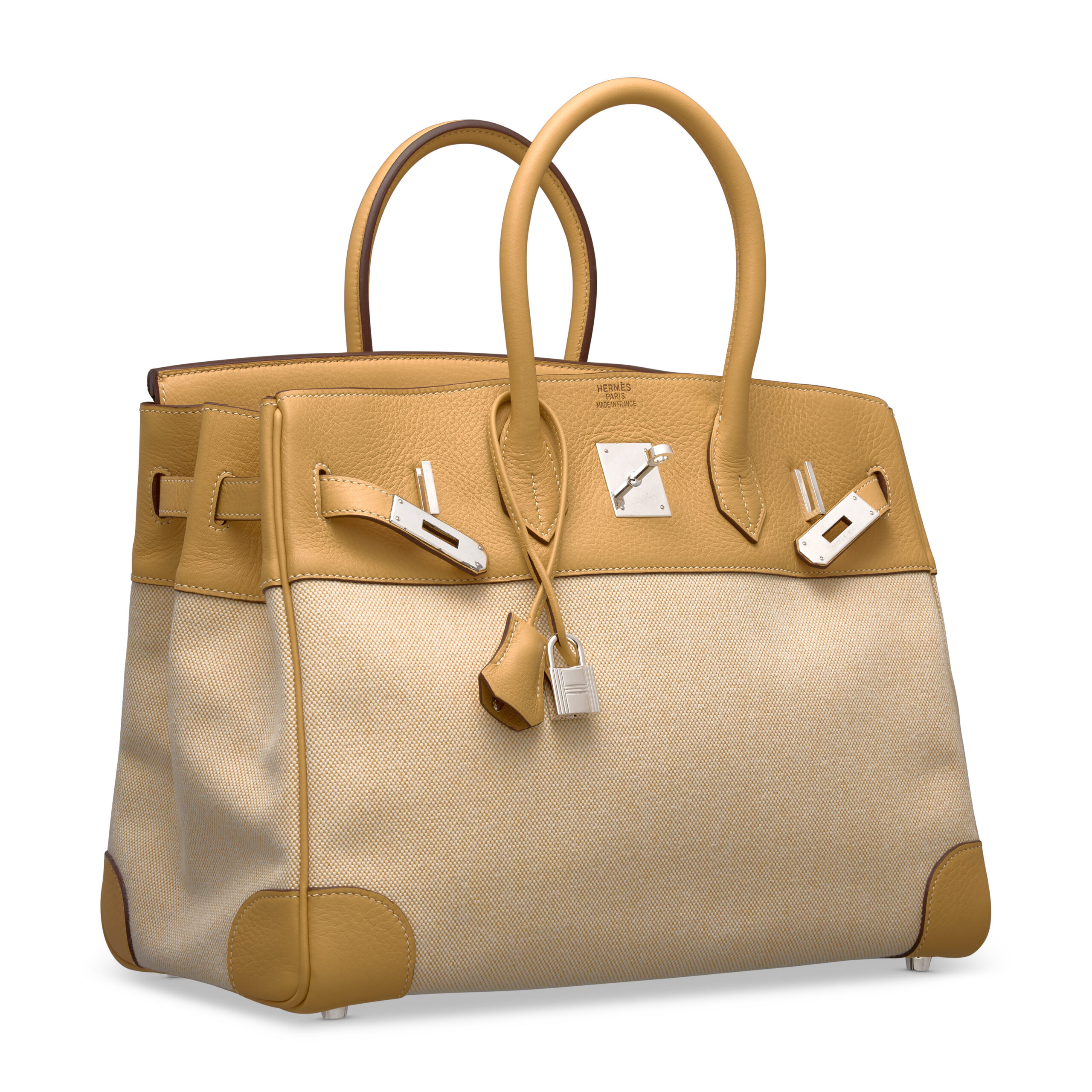A LIMITED EDITION MOUTARDE CLÉMENCE LEATHER & CANVAS BIRKIN 35 WITH PALLADIUM HARDWARE - Image 2