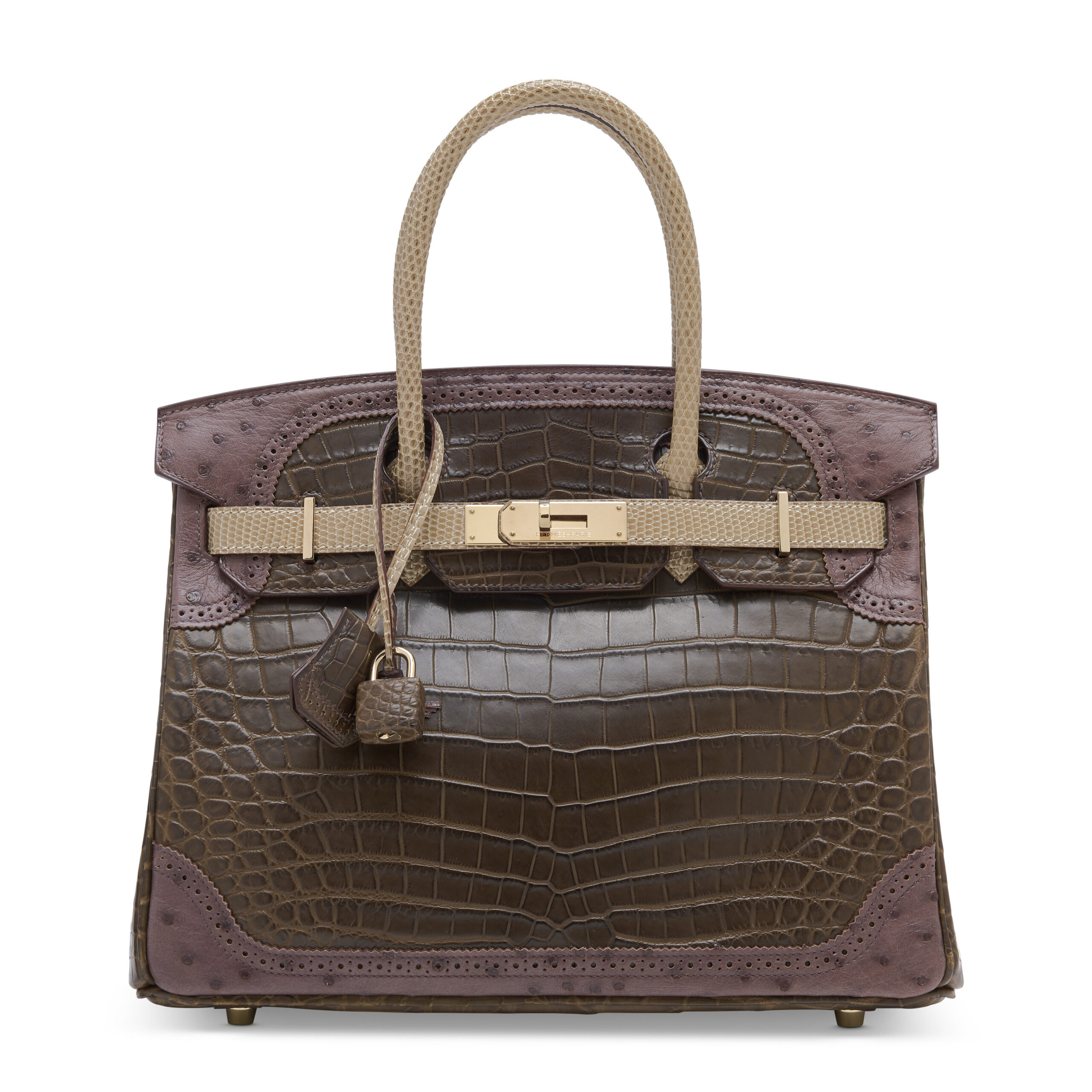 A LIMITED EDITION MATTE GRIS ÉLÉPHANT ALLIGATOR, FICELLE LIZARD & MARRON FONCÉ OSTRICH GRAND MARIAGE GHILLIES BIRKIN 30 WITH PERMABRASS HARDWARE - Image 4