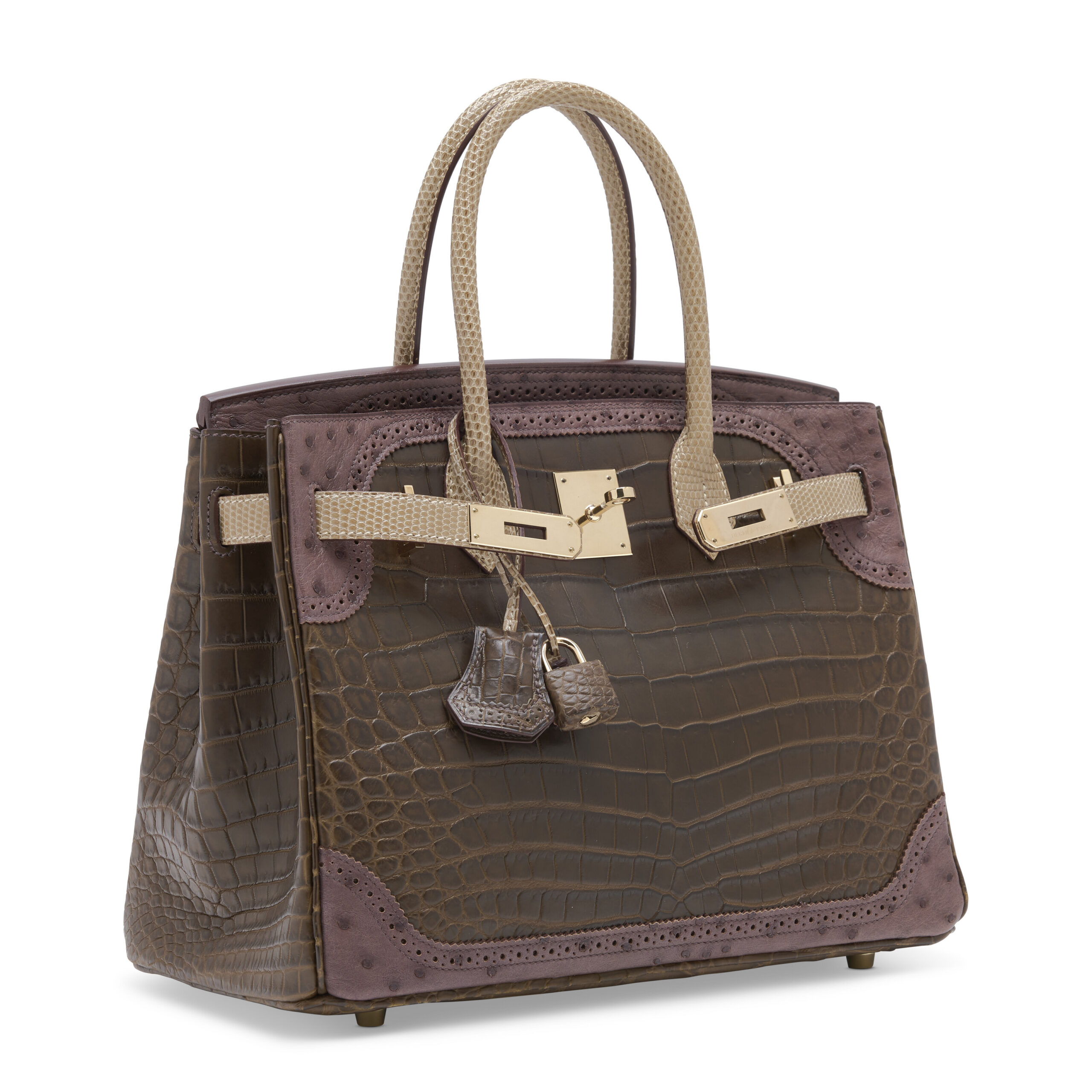 A LIMITED EDITION MATTE GRIS ÉLÉPHANT ALLIGATOR, FICELLE LIZARD & MARRON FONCÉ OSTRICH GRAND MARIAGE GHILLIES BIRKIN 30 WITH PERMABRASS HARDWARE - Image 5