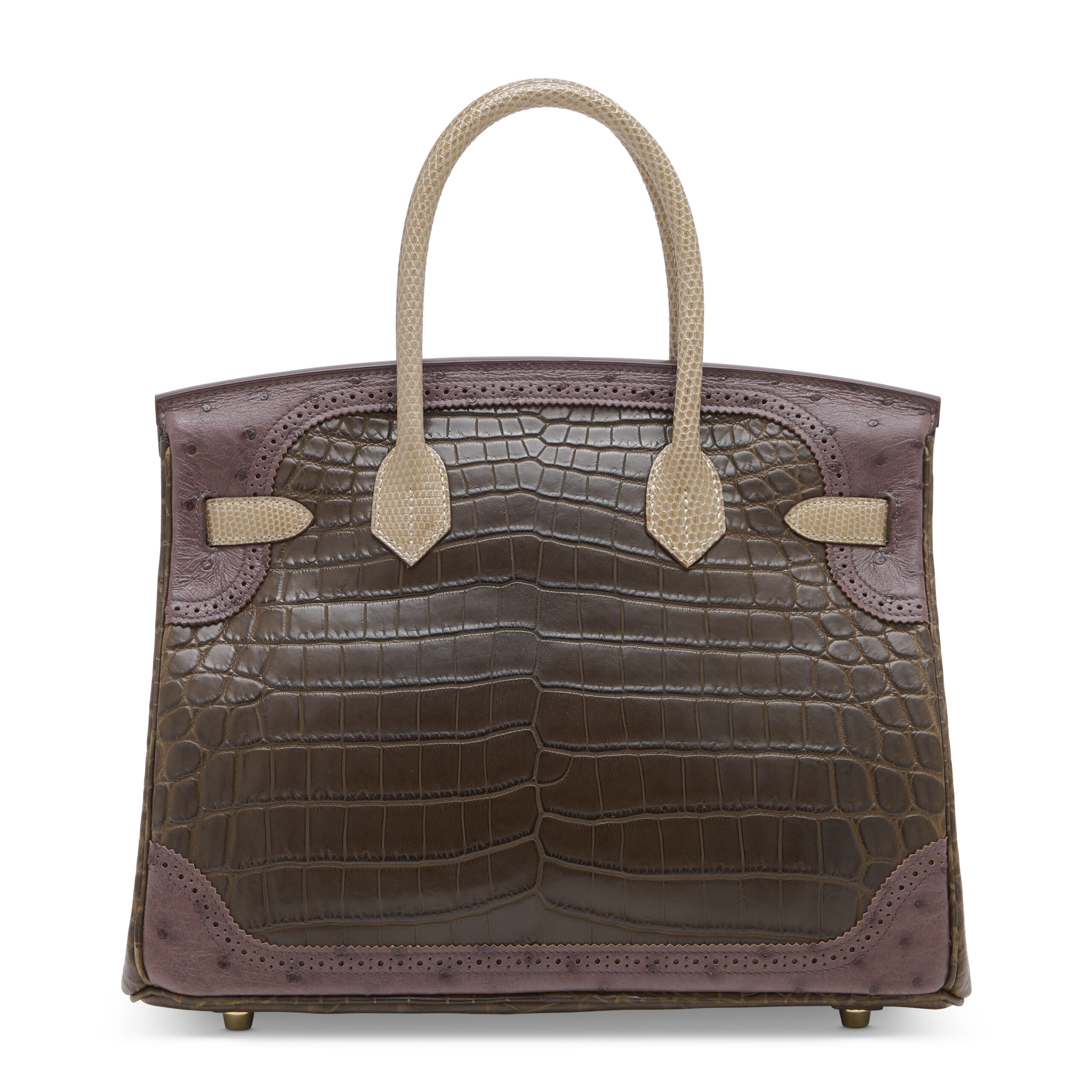 A LIMITED EDITION MATTE GRIS ÉLÉPHANT ALLIGATOR, FICELLE LIZARD & MARRON FONCÉ OSTRICH GRAND MARIAGE GHILLIES BIRKIN 30 WITH PERMABRASS HARDWARE - Image 2
