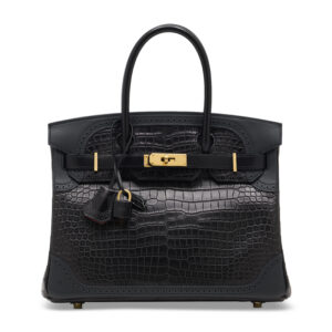 A LIMITED EDITION MATTE BLACK POROSUS CROCODILE, BLEU INDIGO SOMBRERO, BLACK CALF BOX & ROUGE H LEATHER GHILLIES VERSO BIRKIN 30 WITH GOLD HARDWARE