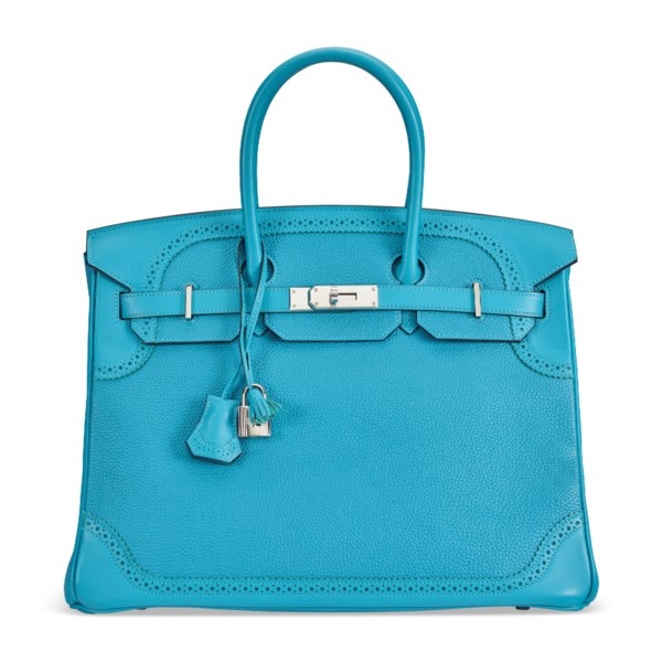 A LIMITED EDITION TURQUOISE TOGO & SWIFT LEATHER GHILLIES BIRKIN 35 WITH PALLADIUM HARDWARE 3 A LIMITED EDITION TURQUOISE TOGO & SWIFT LEATHER GHILLIES BIRKIN 35 WITH PALLADIUM HARDWARE - Image 3