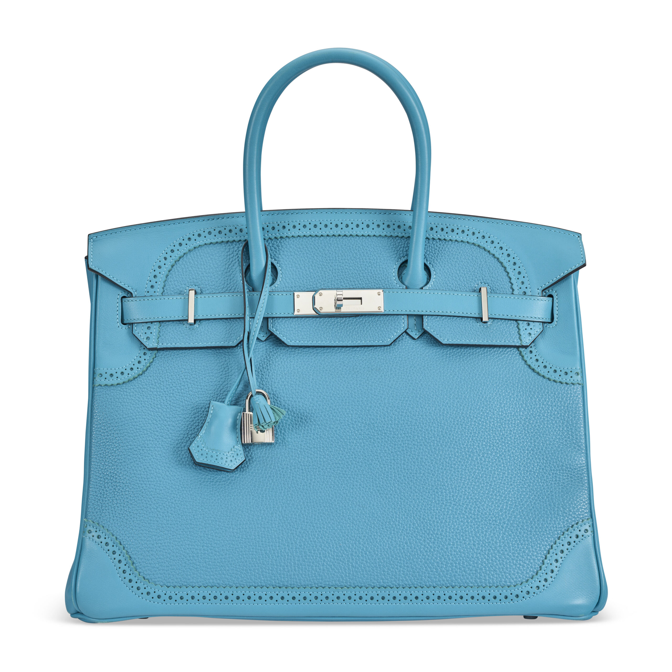 A LIMITED EDITION TURQUOISE TOGO & SWIFT LEATHER GHILLIES BIRKIN 35 WITH PALLADIUM HARDWARE 1 A LIMITED EDITION TURQUOISE TOGO & SWIFT LEATHER GHILLIES BIRKIN 35 WITH PALLADIUM HARDWARE