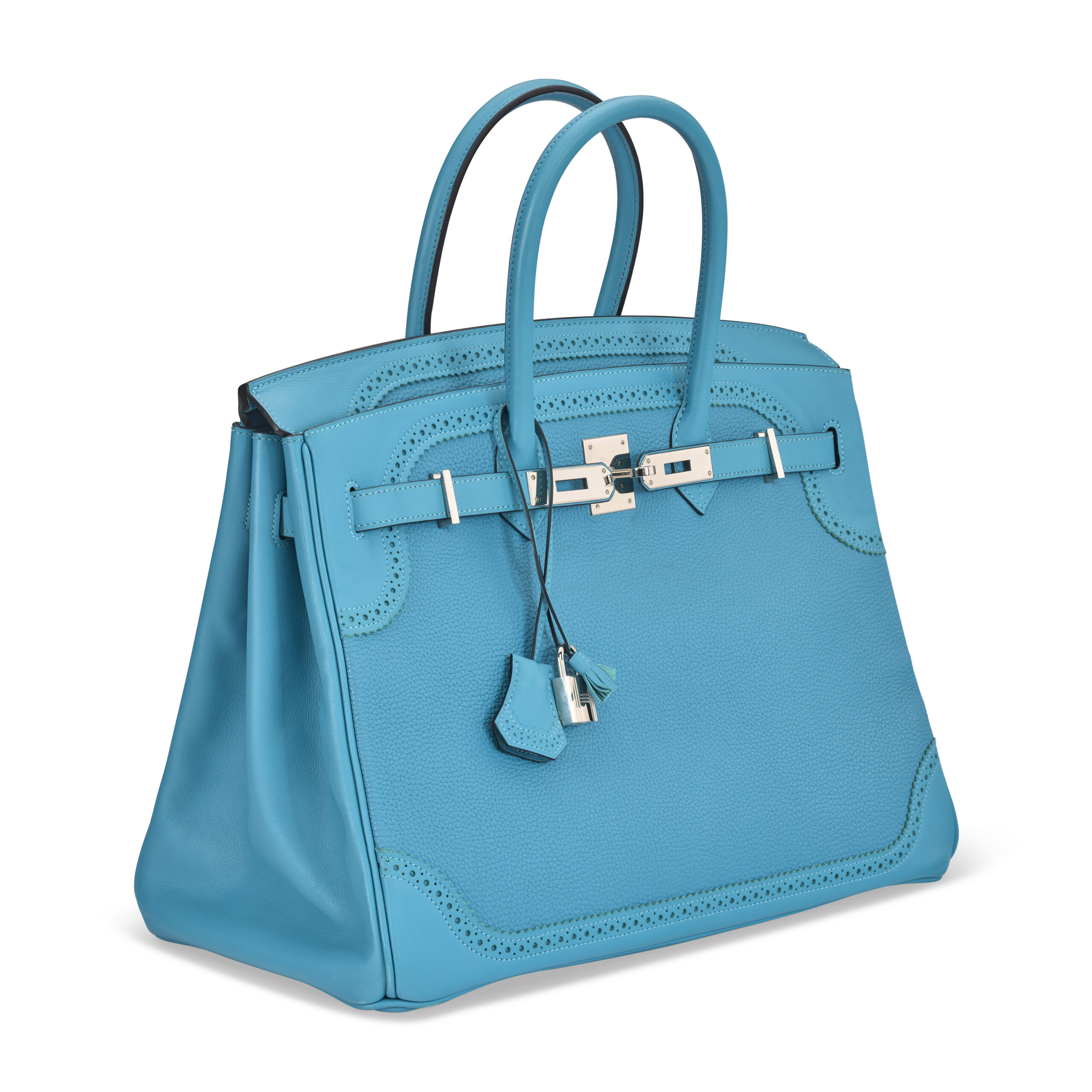 A LIMITED EDITION TURQUOISE TOGO & SWIFT LEATHER GHILLIES BIRKIN 35 WITH PALLADIUM HARDWARE 4 A LIMITED EDITION TURQUOISE TOGO & SWIFT LEATHER GHILLIES BIRKIN 35 WITH PALLADIUM HARDWARE - Image 4