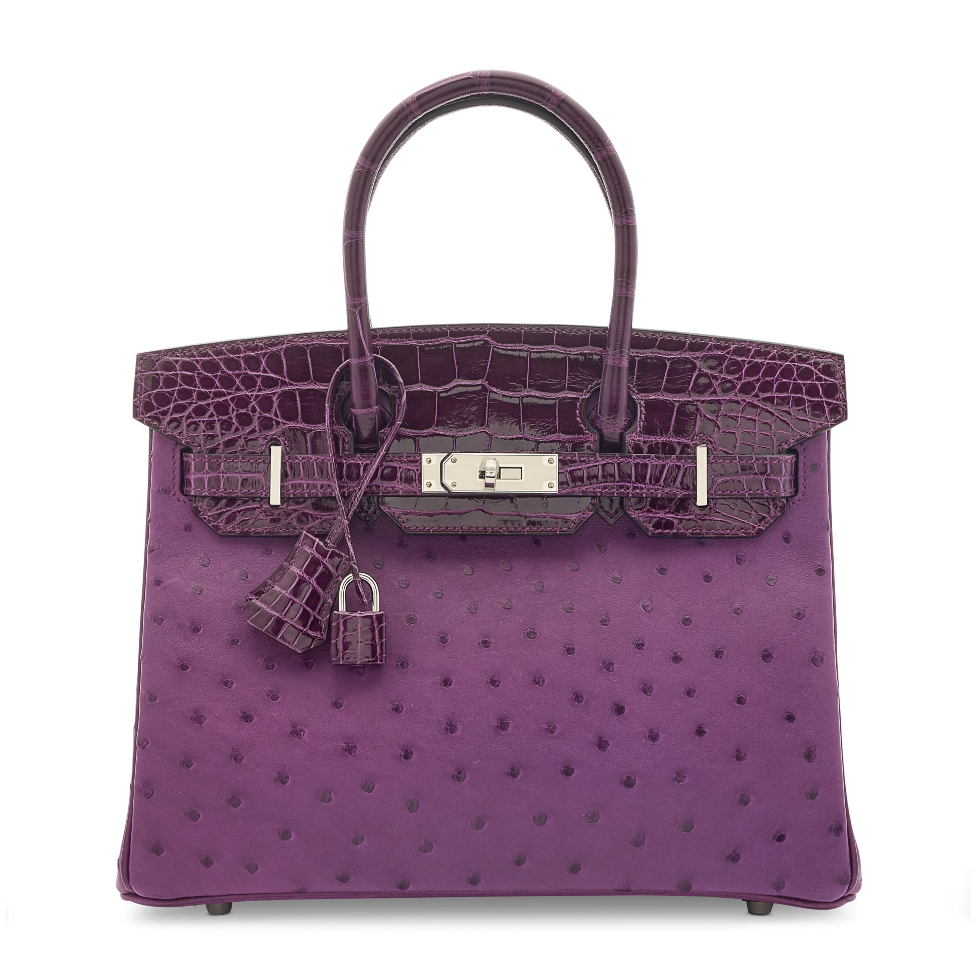 A LIMITED EDITION SHINY CASSIS ALLIGATOR & VIOLINE OSTRICH TOUCH BIRKIN 30 WITH PALLADIUM HARDWARE