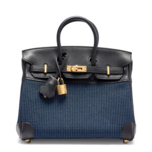A LIMITED EDITION BLEU ÉGÉE TOILE QUADRILLE & BLACK SWIFT LEATHER BIRKIN 25 WITH GOLD HARDWARE