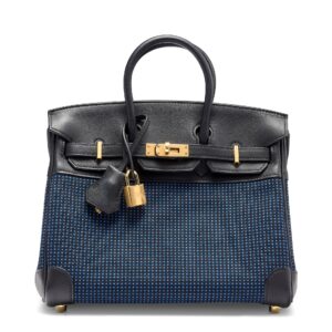 A LIMITED EDITION BLEU ÉGÉE TOILE QUADRILLE & BLACK SWIFT LEATHER BIRKIN 25 WITH GOLD HARDWARE
