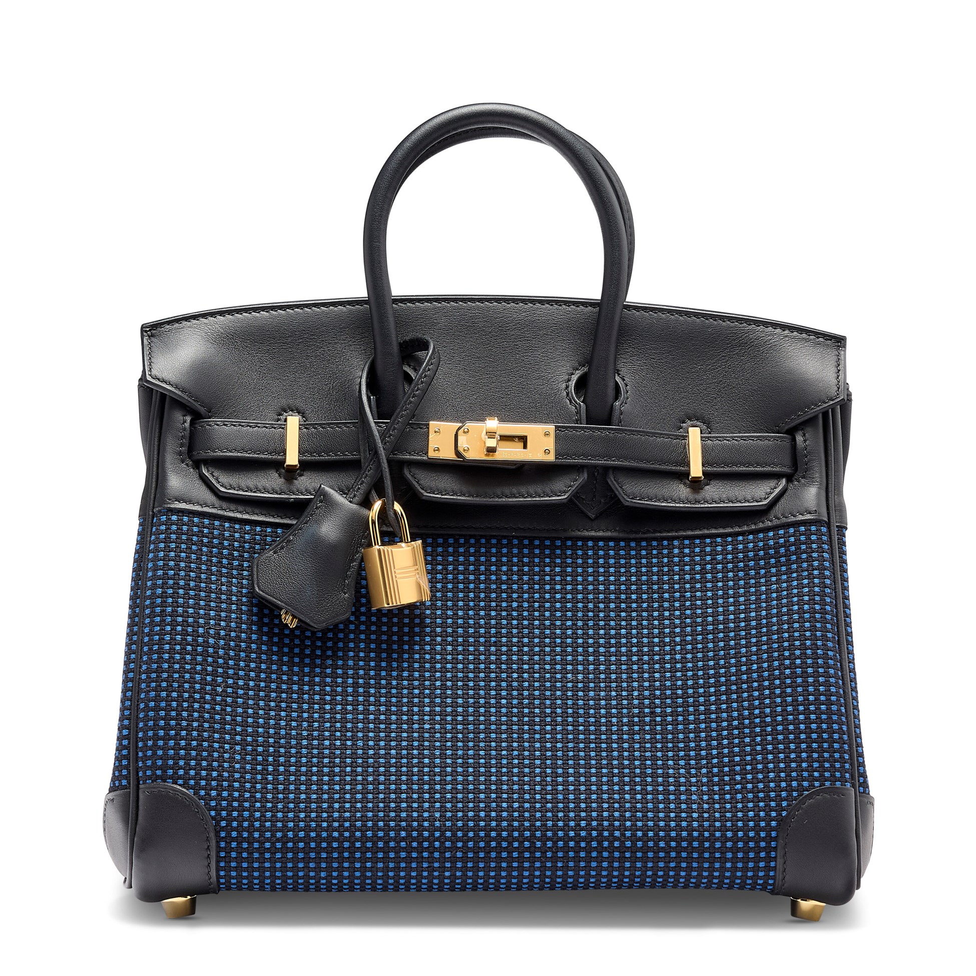 A LIMITED EDITION BLEU ÉGÉE TOILE QUADRILLE & BLACK SWIFT LEATHER BIRKIN 25 WITH GOLD HARDWARE 1 A LIMITED EDITION BLEU ÉGÉE TOILE QUADRILLE & BLACK SWIFT LEATHER BIRKIN 25 WITH GOLD HARDWARE