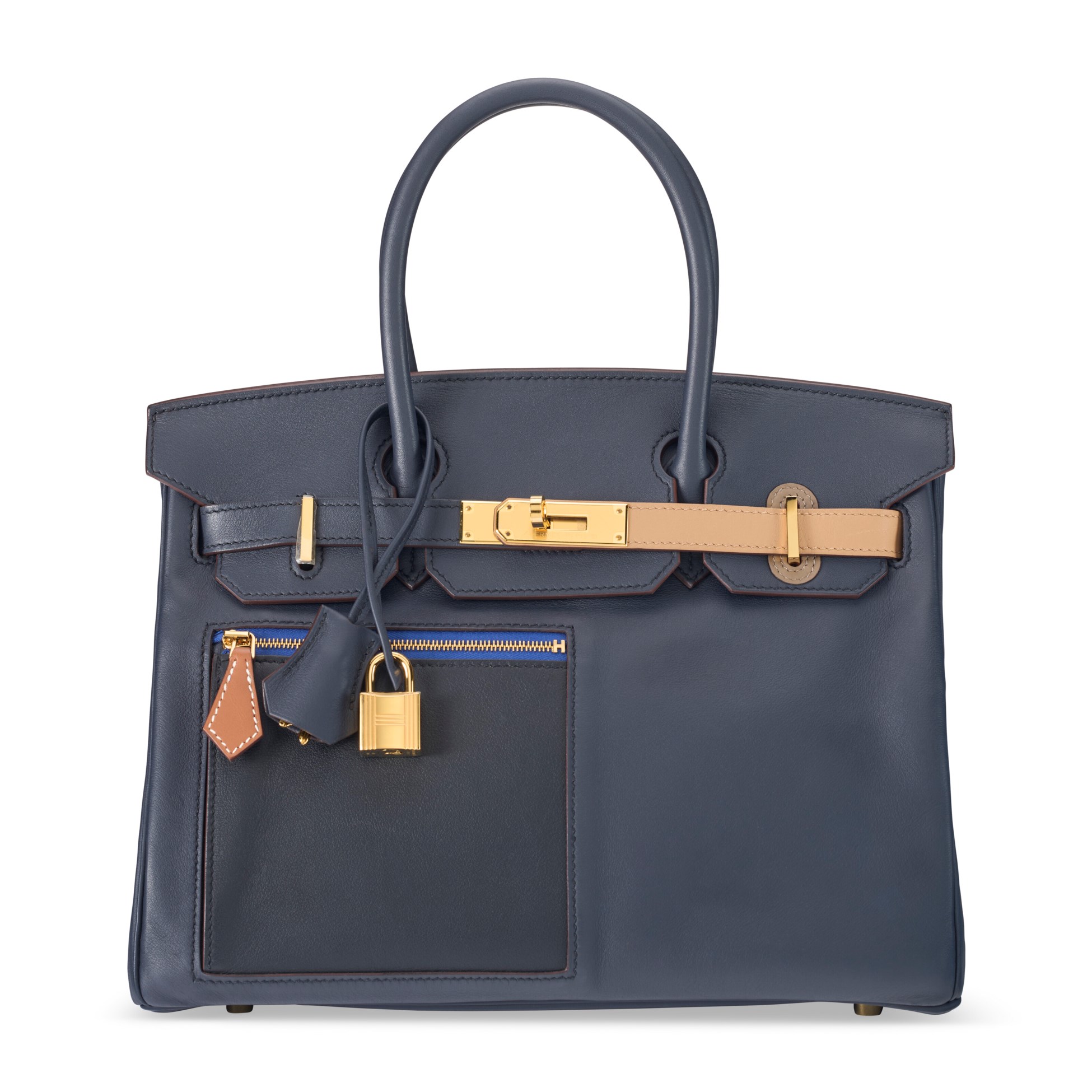 A LIMITED EDITION BLEU, NOIR, CHAI, ETOUPE & GOLD SWIFT LEATHER COLORMATIC BIRKIN 30 WITH GOLD HARDWARE 1 A LIMITED EDITION BLEU, NOIR, CHAI, ETOUPE & GOLD SWIFT LEATHER COLORMATIC BIRKIN 30 WITH GOLD HARDWARE