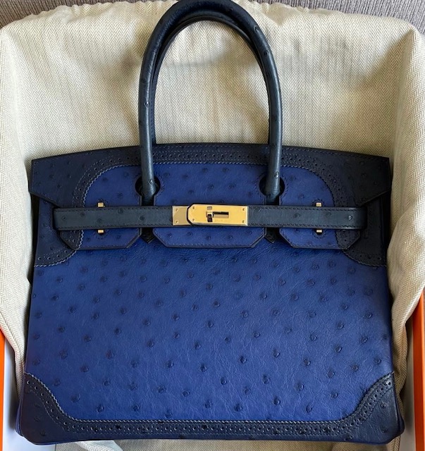 Hermes Birkin 30 Ghillies Bleu Saphir/Bleu Iris/Bleu de Malte Ostrich Permabrass Hardware 1 Hermes Birkin 30 Ghillies Bleu Saphir/Bleu Iris/Bleu de Malte Ostrich Permabrass Hardware