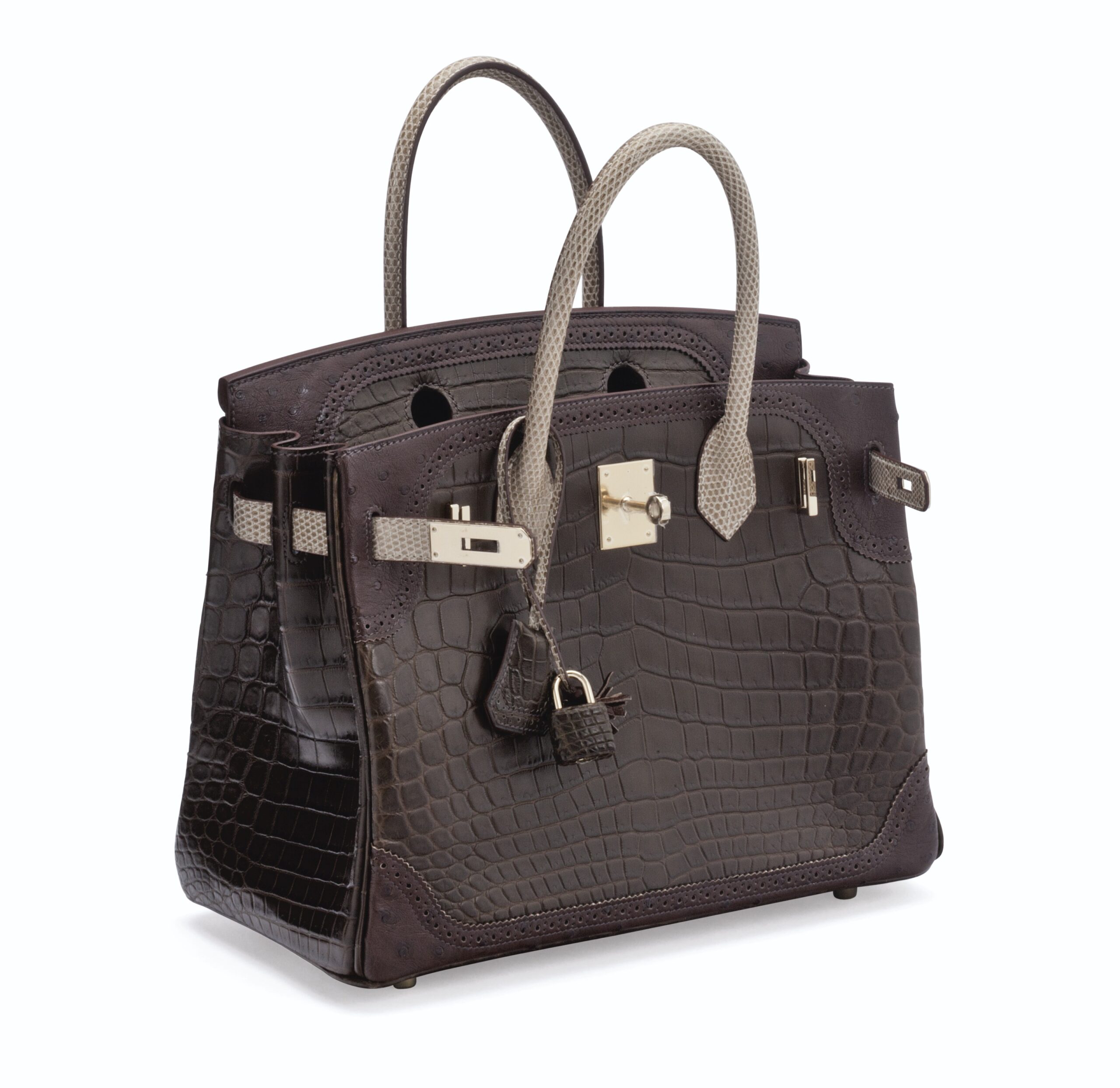 A LIMITED EDITION 30CM GRIS ELEPHANT ALLIGATOR, FICELLE LIZARD & MARRON FONCE OSTRICH GRAND MARRIAGE BIRKIN BAG WITH PERMABRASS 4 A LIMITED EDITION 30CM GRIS ELEPHANT ALLIGATOR, FICELLE LIZARD & MARRON FONCE OSTRICH GRAND MARRIAGE BIRKIN BAG WITH PERMABRASS - Image 4