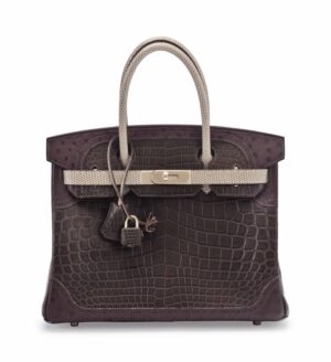 A LIMITED EDITION 30CM GRIS ELEPHANT ALLIGATOR, FICELLE LIZARD & MARRON FONCE OSTRICH GRAND MARRIAGE BIRKIN BAG WITH PERMABRASS HARDWARE (3)