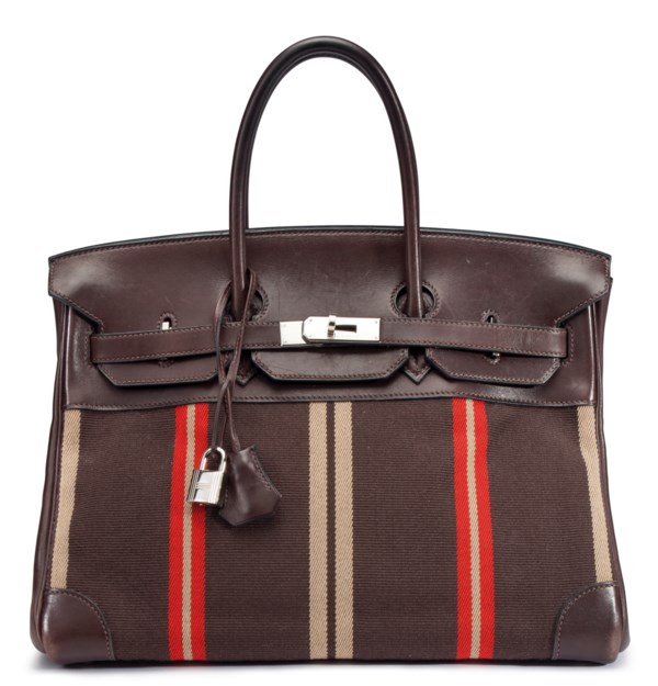 A LIMITED EDITION 35CM EBENE EVERCALF LEATHER & STRIPED JUMPING CANVAS BIRKIN BAG 3 A LIMITED EDITION 35CM EBENE EVERCALF LEATHER & STRIPED JUMPING CANVAS BIRKIN BAG - Image 3