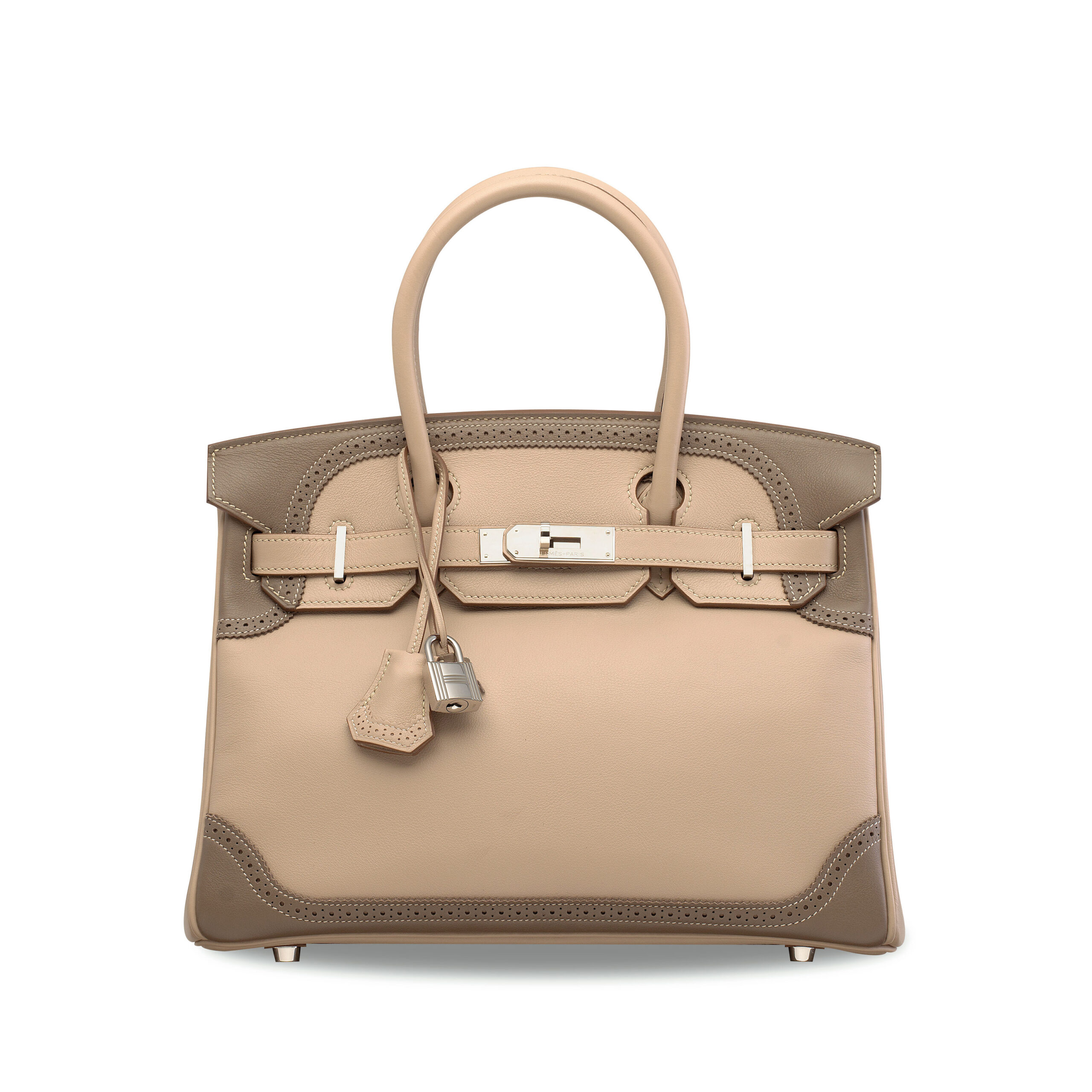 A LIMITED EDITION ARGILE & ETOUPE SWIFT LEATHER GHILLIES BIRKIN 30 WITH PALLADIUM HARDWARE 1 A LIMITED EDITION ARGILE & ETOUPE SWIFT LEATHER GHILLIES BIRKIN 30 WITH PALLADIUM HARDWARE