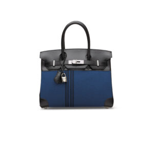 A LIMITED EDITION BLACK CALF BOX LEATHER & BLUE CANVAS POTAMOS BIRKIN 30 WITH PALLADIUM HARDWARE