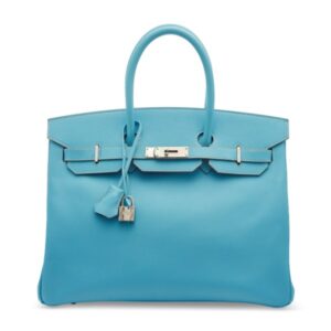 A LIMITED EDITION BLEU CÉLESTE & MYKONOS EPSOM LEATHER CANDY BIRKIN 35 WITH PALLADIUM HARDWARE & A BLEU CÉLESTE & KIWI MILO LEATHER CARMEN KEY RING