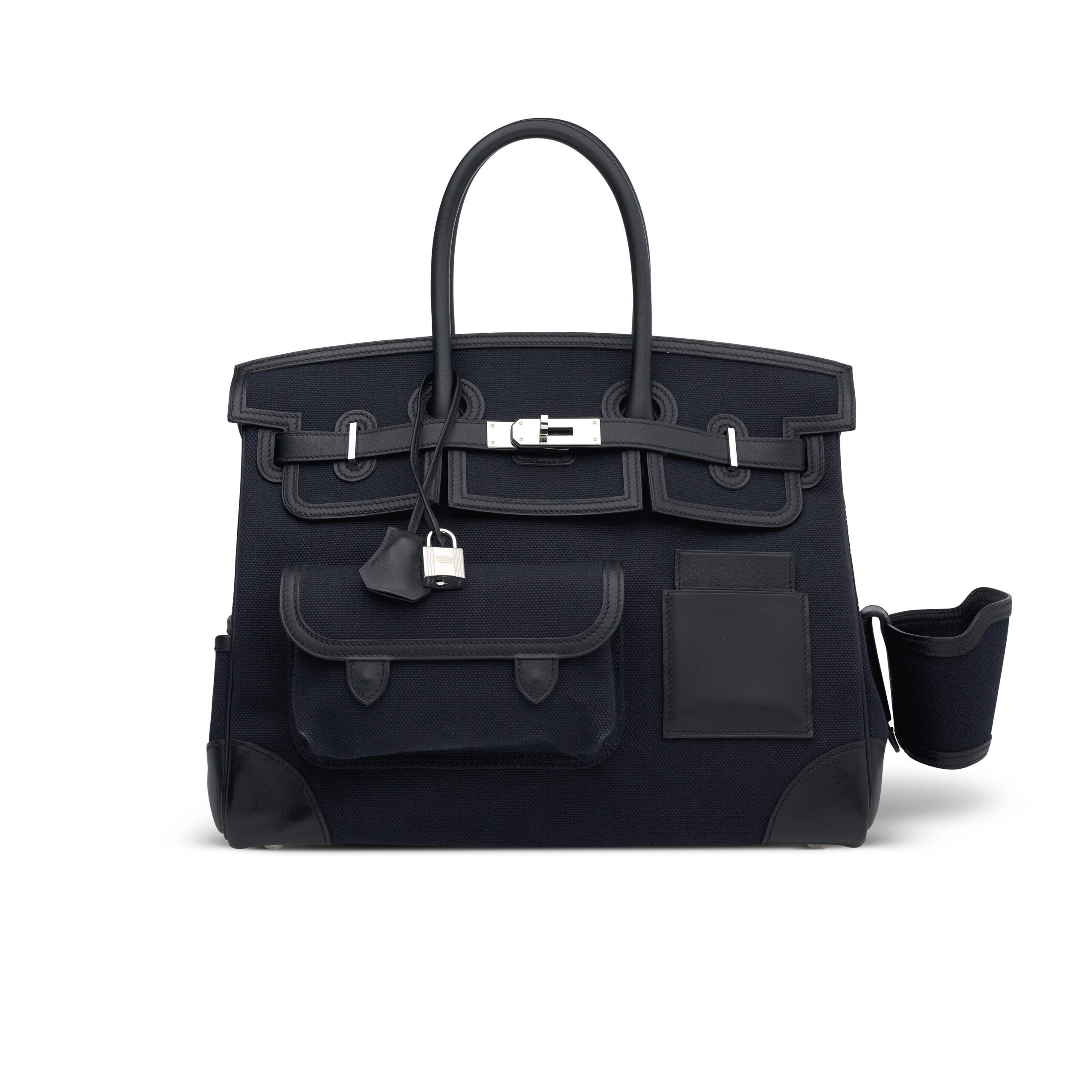 A LIMITED EDITION BLEU MARINE CANVAS & BLACK SWIFT LEATHER CARGO BIRKIN 35 WITH PALLADIUM HARDWARE 1 A LIMITED EDITION BLEU MARINE CANVAS & BLACK SWIFT LEATHER CARGO BIRKIN 35 WITH PALLADIUM HARDWARE (1)