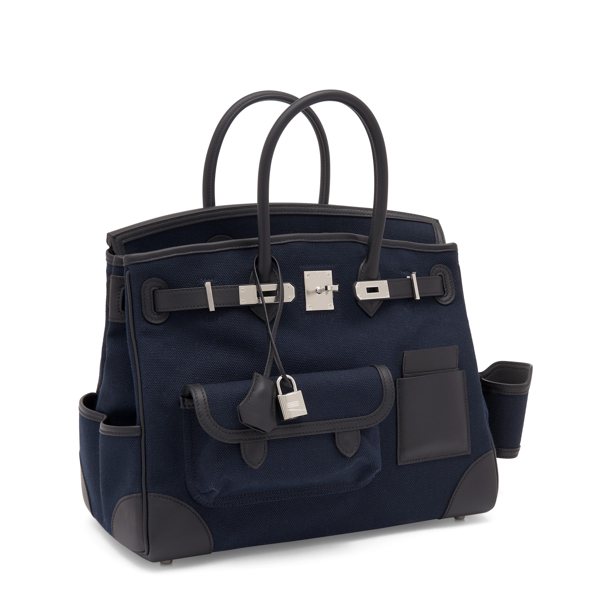 A LIMITED EDITION BLEU MARINE CANVAS & BLACK SWIFT LEATHER CARGO BIRKIN 35 WITH PALLADIUM HARDWARE 4 A LIMITED EDITION BLEU MARINE CANVAS & BLACK SWIFT LEATHER CARGO BIRKIN 35 WITH PALLADIUM HARDWARE - Image 4