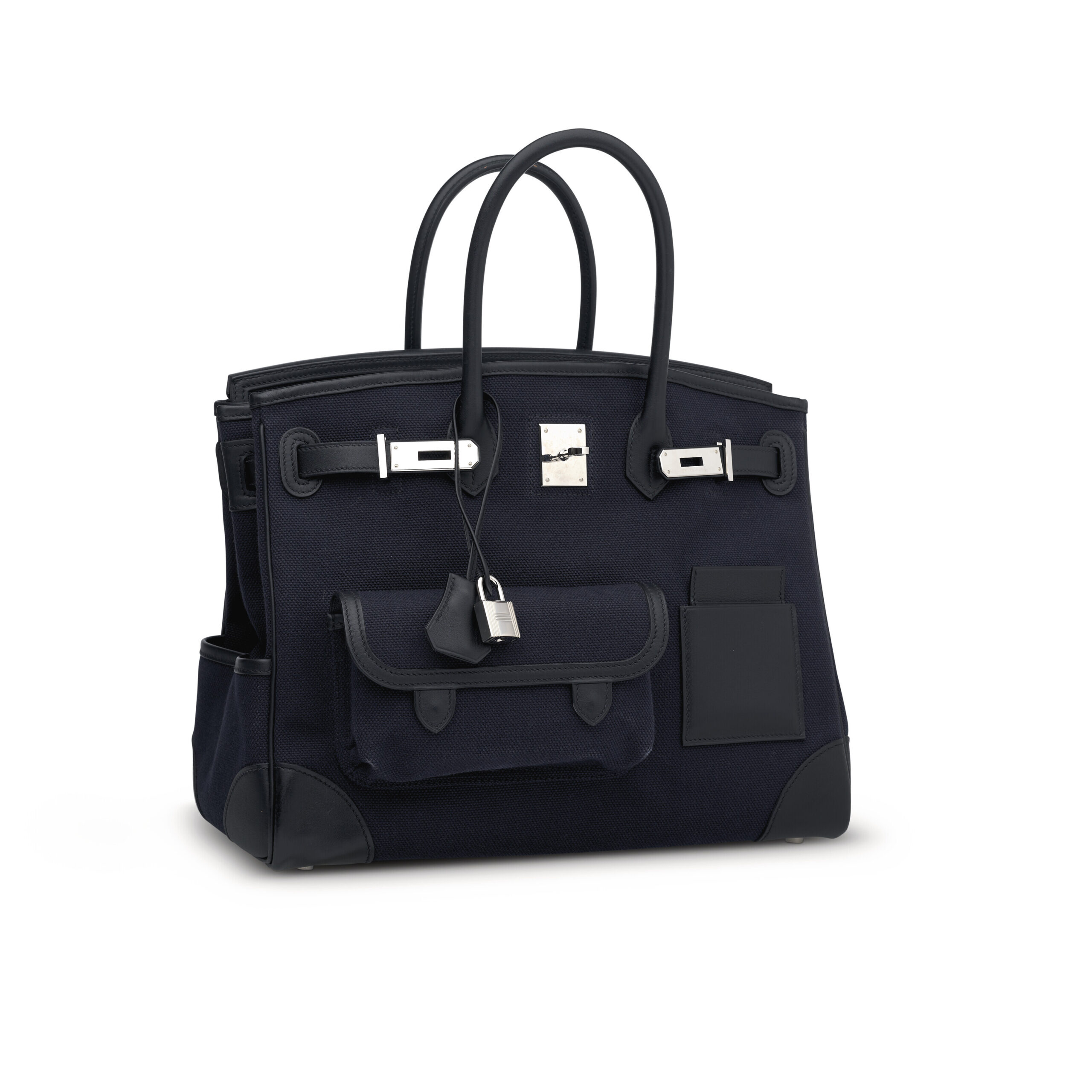 A LIMITED EDITION BLEU MARINE CANVAS & BLACK SWIFT LEATHER CARGO BIRKIN 35 WITH PALLADIUM HARDWARE 3 A LIMITED EDITION BLEU MARINE CANVAS & BLACK SWIFT LEATHER CARGO BIRKIN 35 WITH PALLADIUM HARDWARE - Image 3